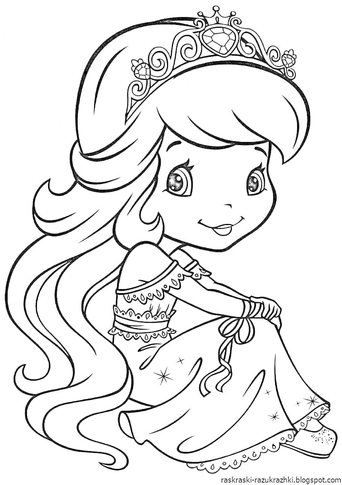 Раскраска Принцесса с длинными волосами в короне и платье