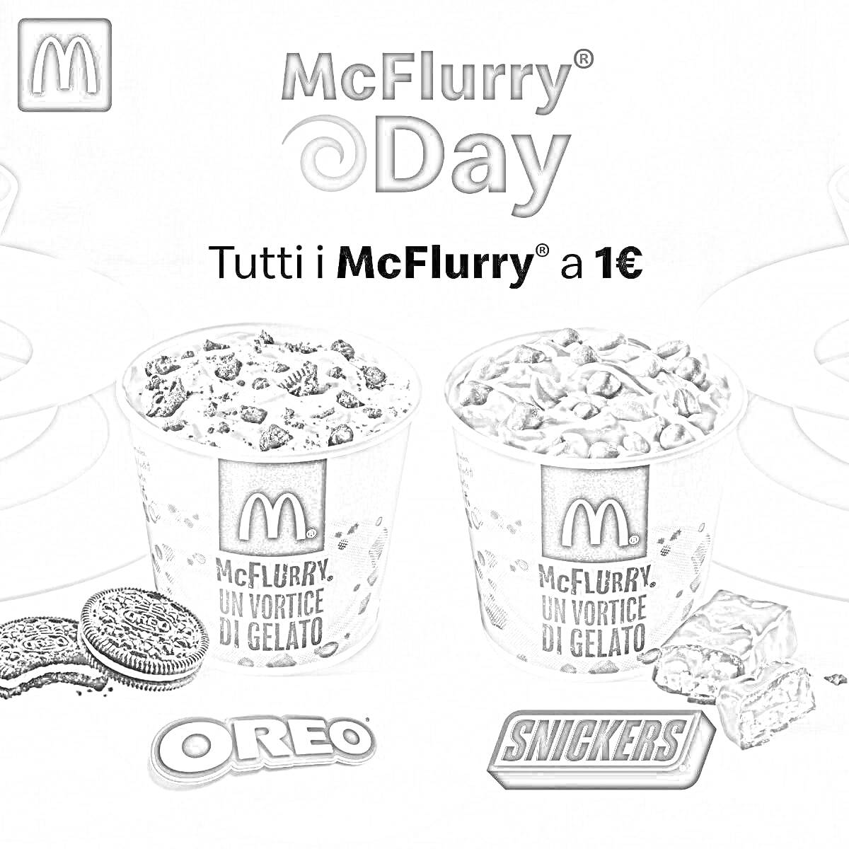 Раскраска Два Макфлури (Oreo и Snickers), Макдональдс, McFlurry Day, Tutti i McFlurry a 1€