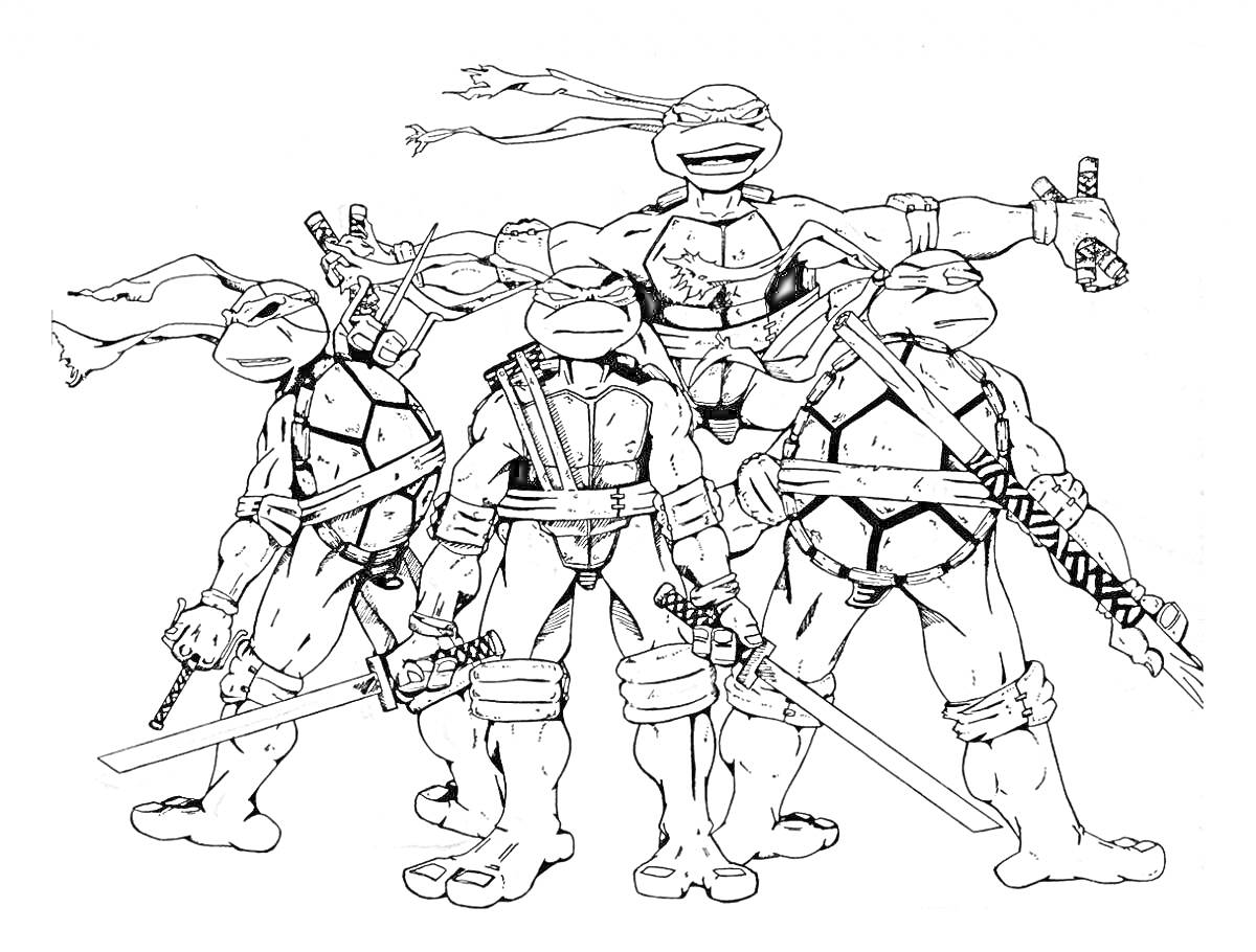 Раскраска четыре черепашки-ниндзя в боевой стойке с оружием, повязки на глазах, мечи, нунчаки, посох, саи