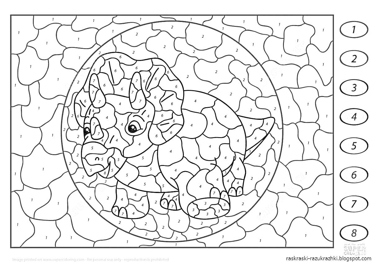 Раскраска Динозавр Трицератопс в круге на абстрактном фоне