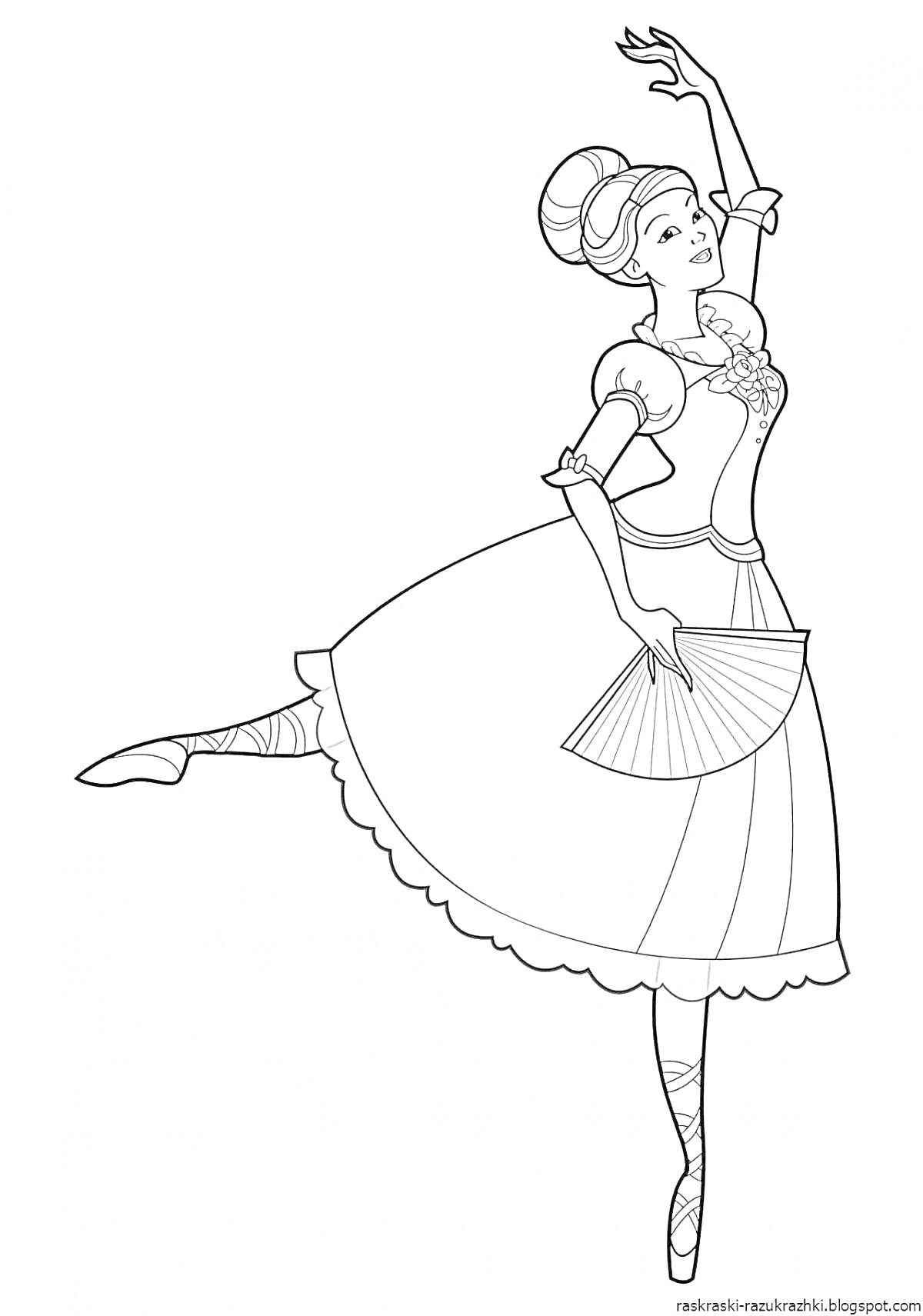 Раскраска Балерина в пышном платье с веером на одной ноге
