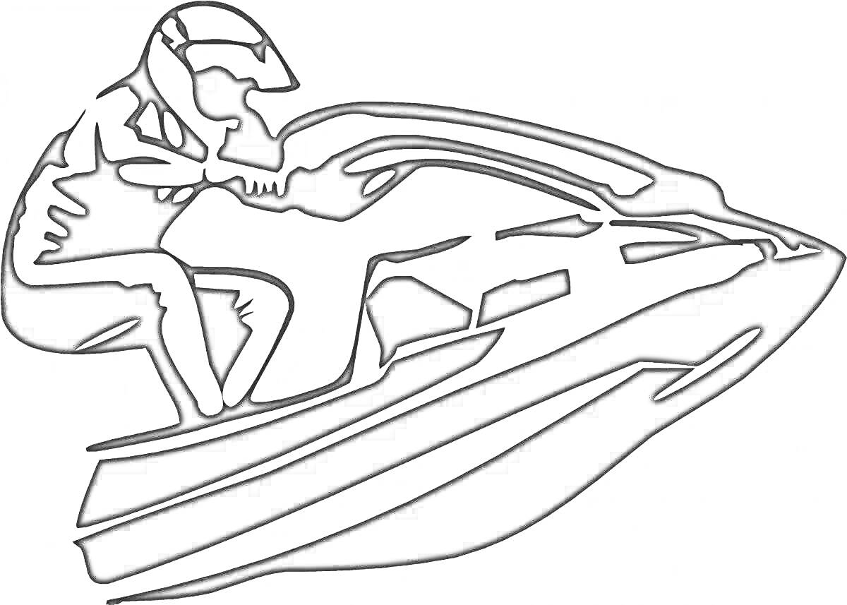 На раскраске изображено: Гидроцикл, Водный транспорт, Экстремальный спорт, Человек, Вода, Активный отдых