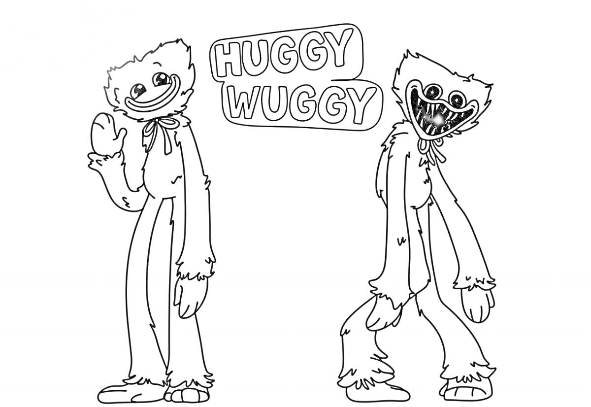 Раскраска Два персонажа Huggy Wuggy, один с улыбкой и поднятой рукой, другой с открытой пастью и буквы HUGGY WUGGY