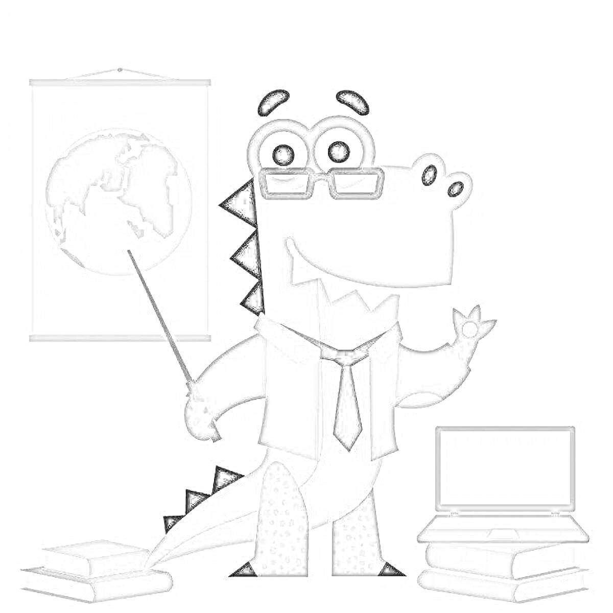 На раскраске изображено: Динозавр, Профессор, Доска, Указка, Глобус, Ноутбук, Образование, Обучение