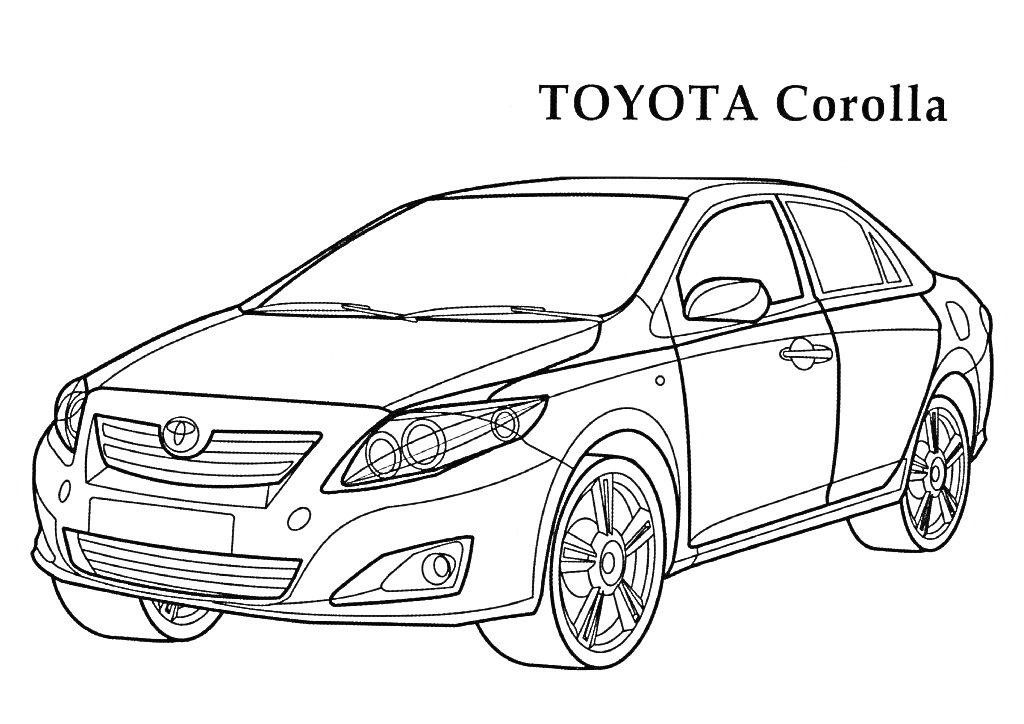Раскраска TOYOTA Corolla с обозначением марки и модели автомобиля, изображение седана с четырьмя дверьми
