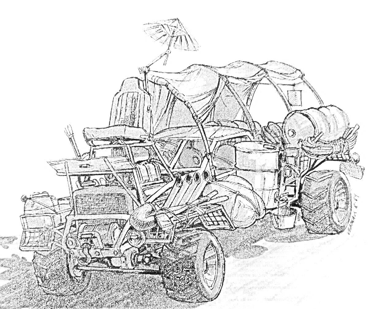 На раскраске изображено: Безумный Макс, Боевая машина, Навес, Большие колеса, Постапокалипсис, Транспорт, Техника