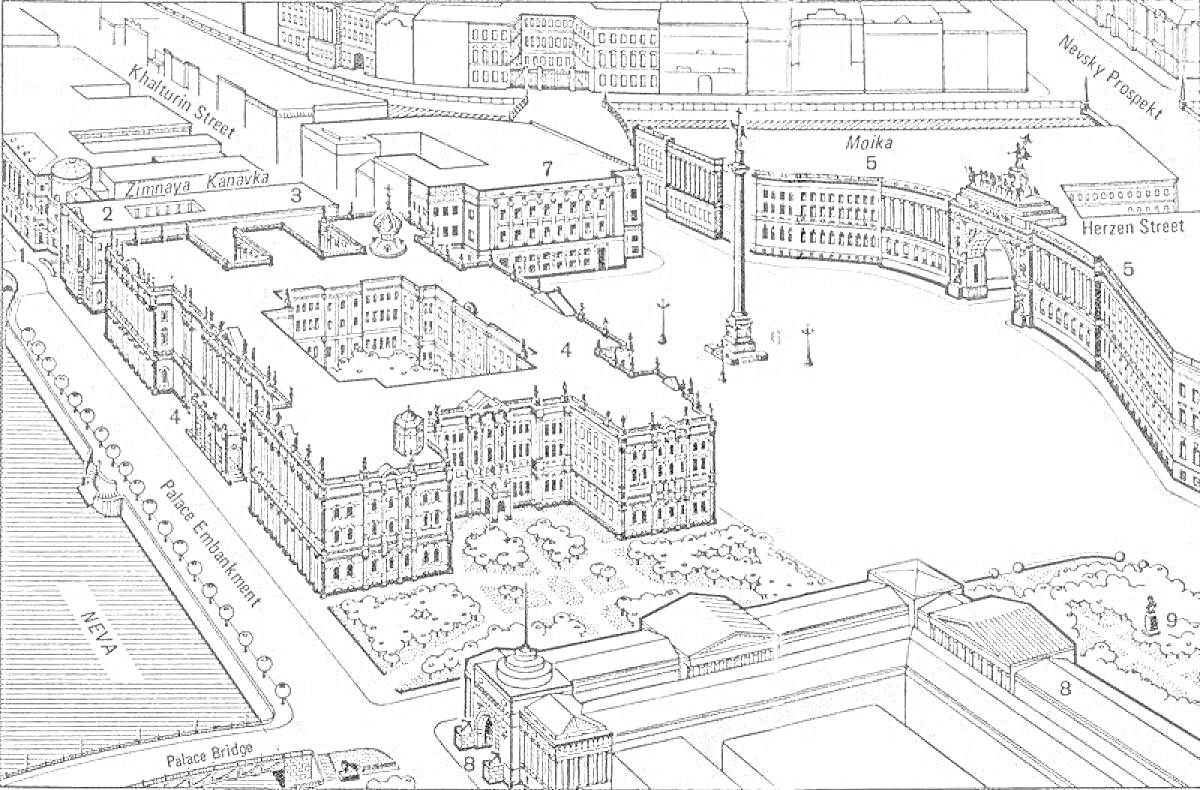 Раскраска Площадь Эрмитажа с Зимним дворцом, Александровской колонной и Главным штабом