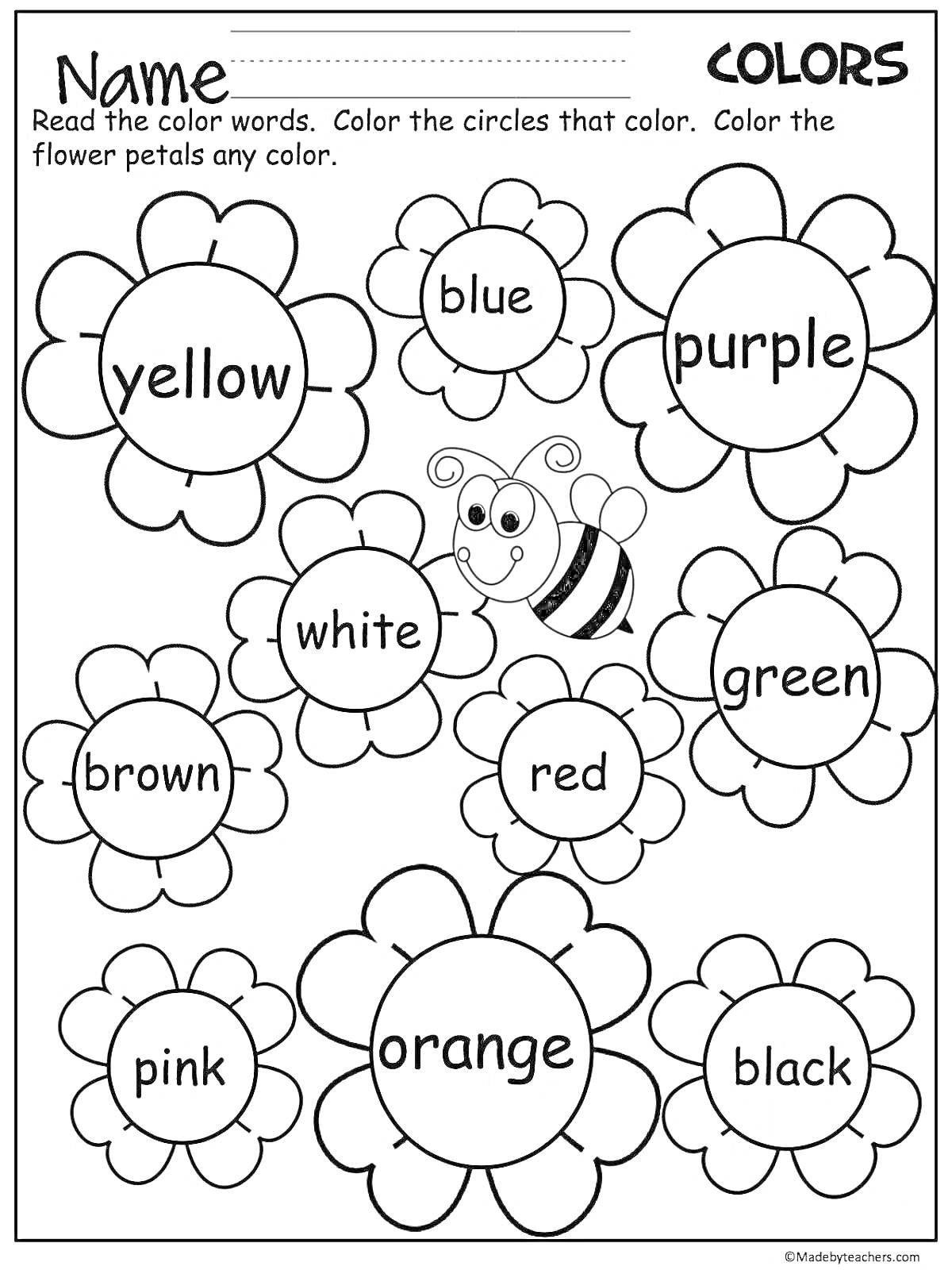 На раскраске изображено: Английский язык, 2 класс, Цветы, Yellow, Blue, Purple, White, Red, Green, Pink, Orange, Black, Brown