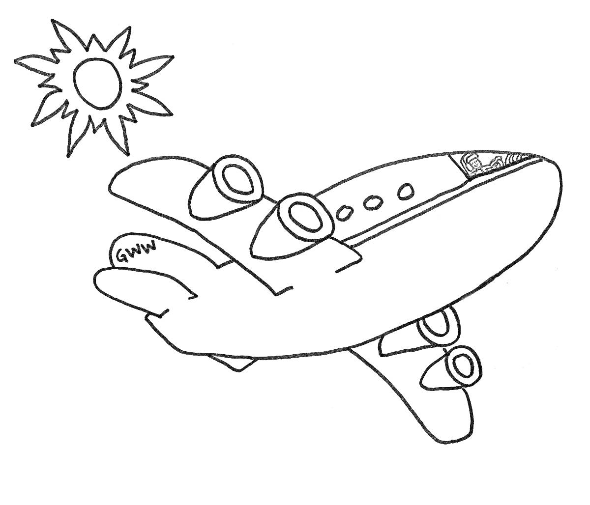 На раскраске изображено: Солнце, Небо, Транспорт, Летательный аппарат, Для мальчиков, Для детей, Самолеты