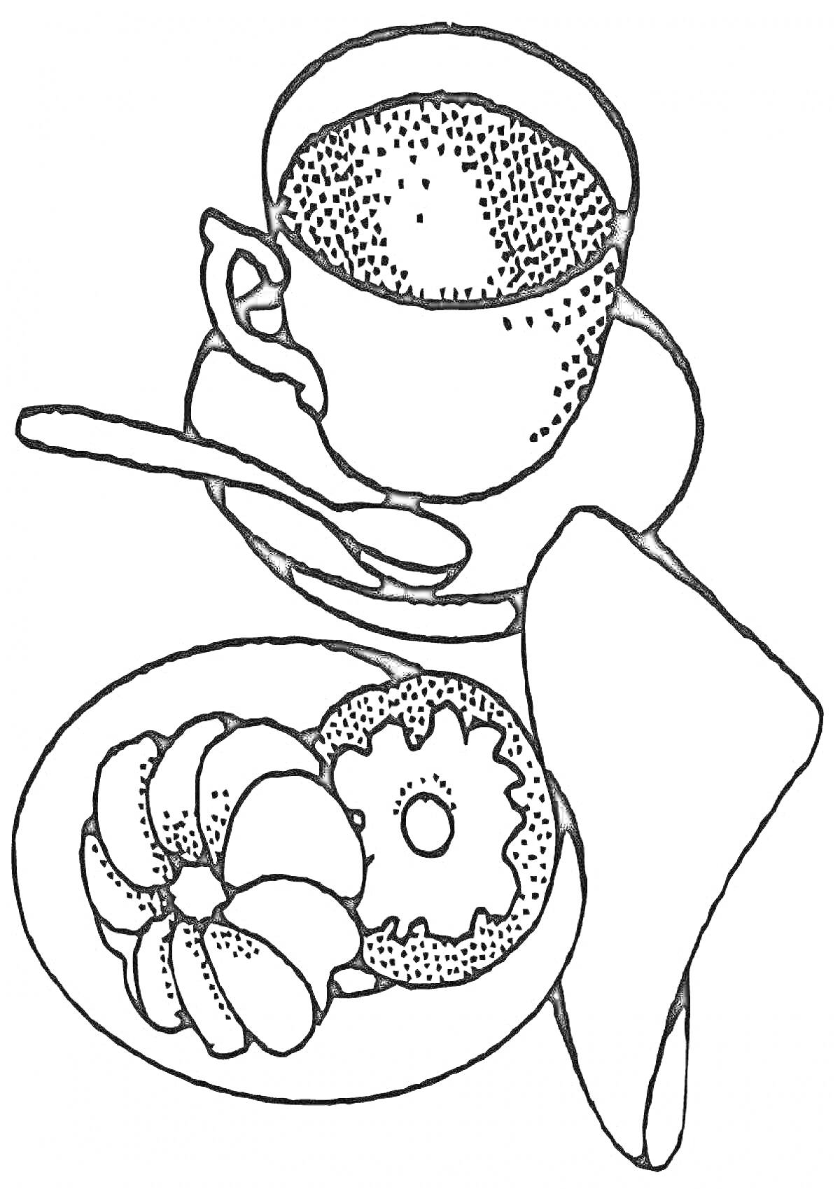 Раскраска Кофейная чашка с блюдцем, ложка, кекс, бисквит и салфетка