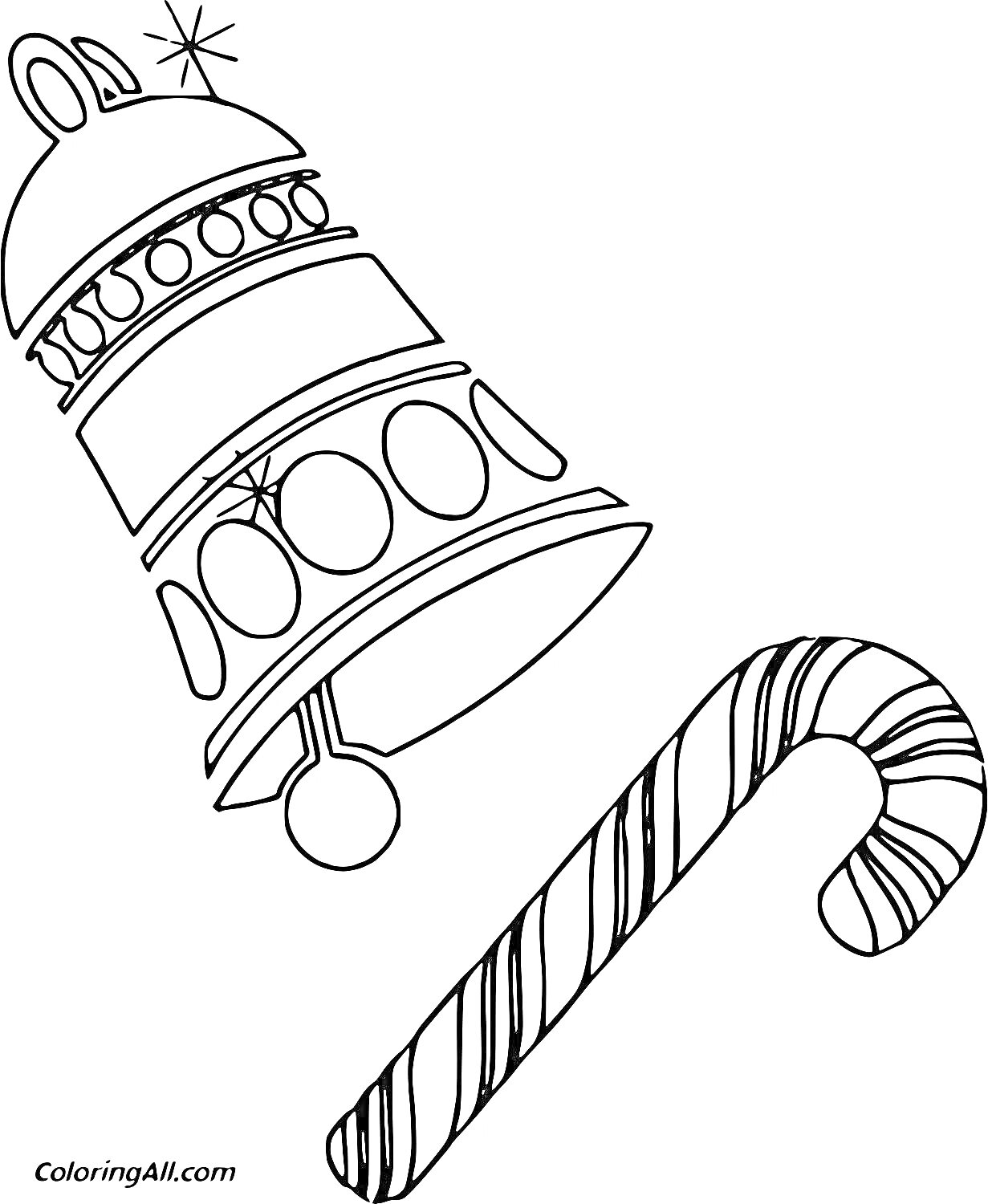 На раскраске изображено: Колокольчик, Новый год, Рождество, Игрушки, Зима