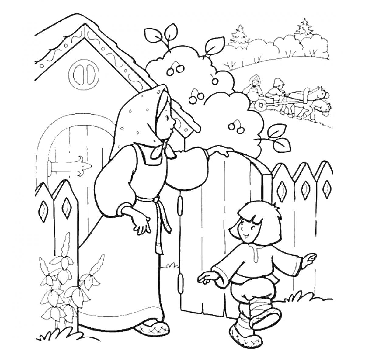 Раскраска Девочка Аленушка с братом за воротами дома, на фоне крестьянской избы и повозки с лошадьми