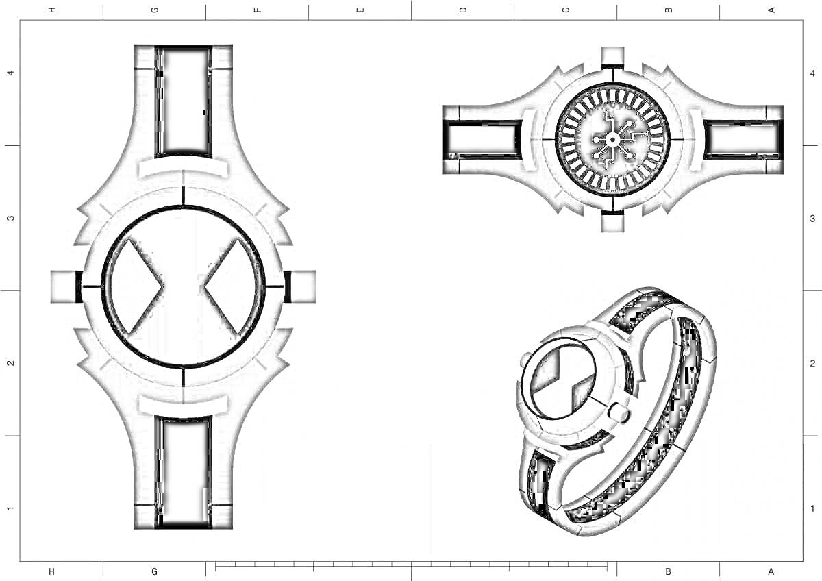 На раскраске изображено: Омнитрикс, Бен 10, Часы, Трансформация, Артефакт