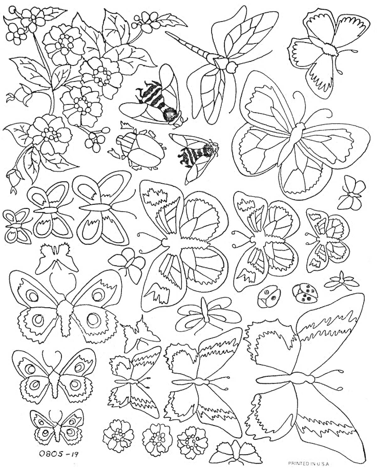Раскраска Бабочки, цветы, стрекоза, пчелы