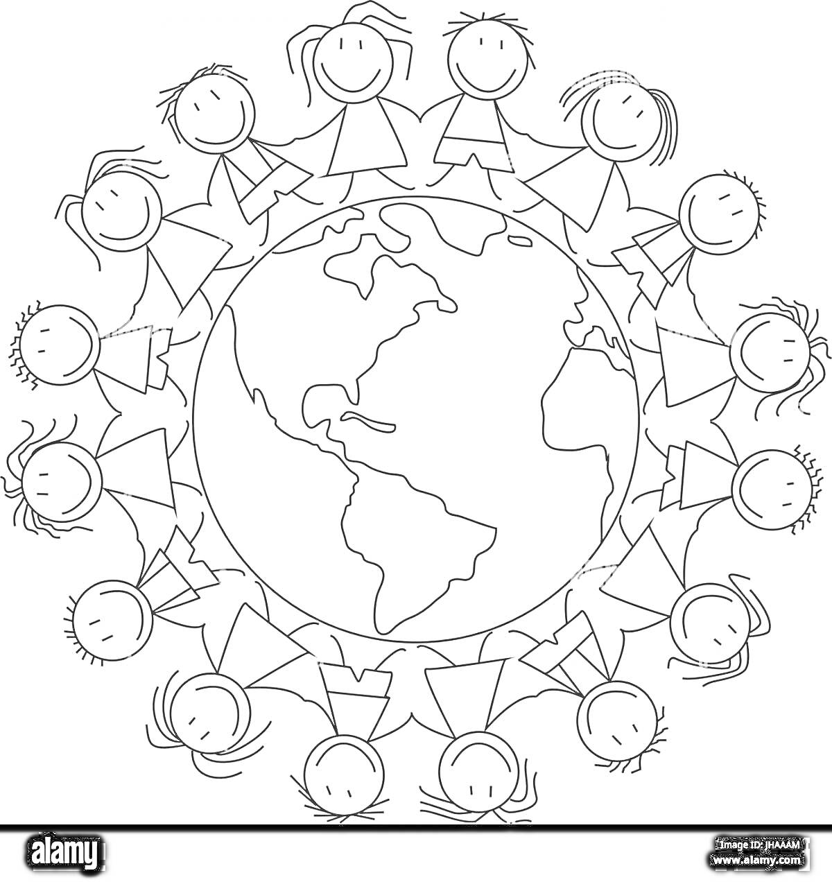 Раскраска Дети, держась за руки, стоят вокруг Земли
