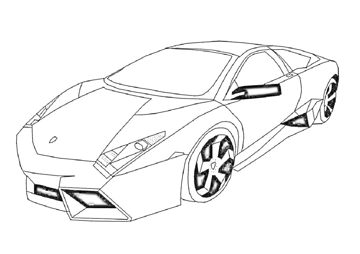 Раскраска Lamborghini с боковым и передним видом, видны колеса и передний бампер