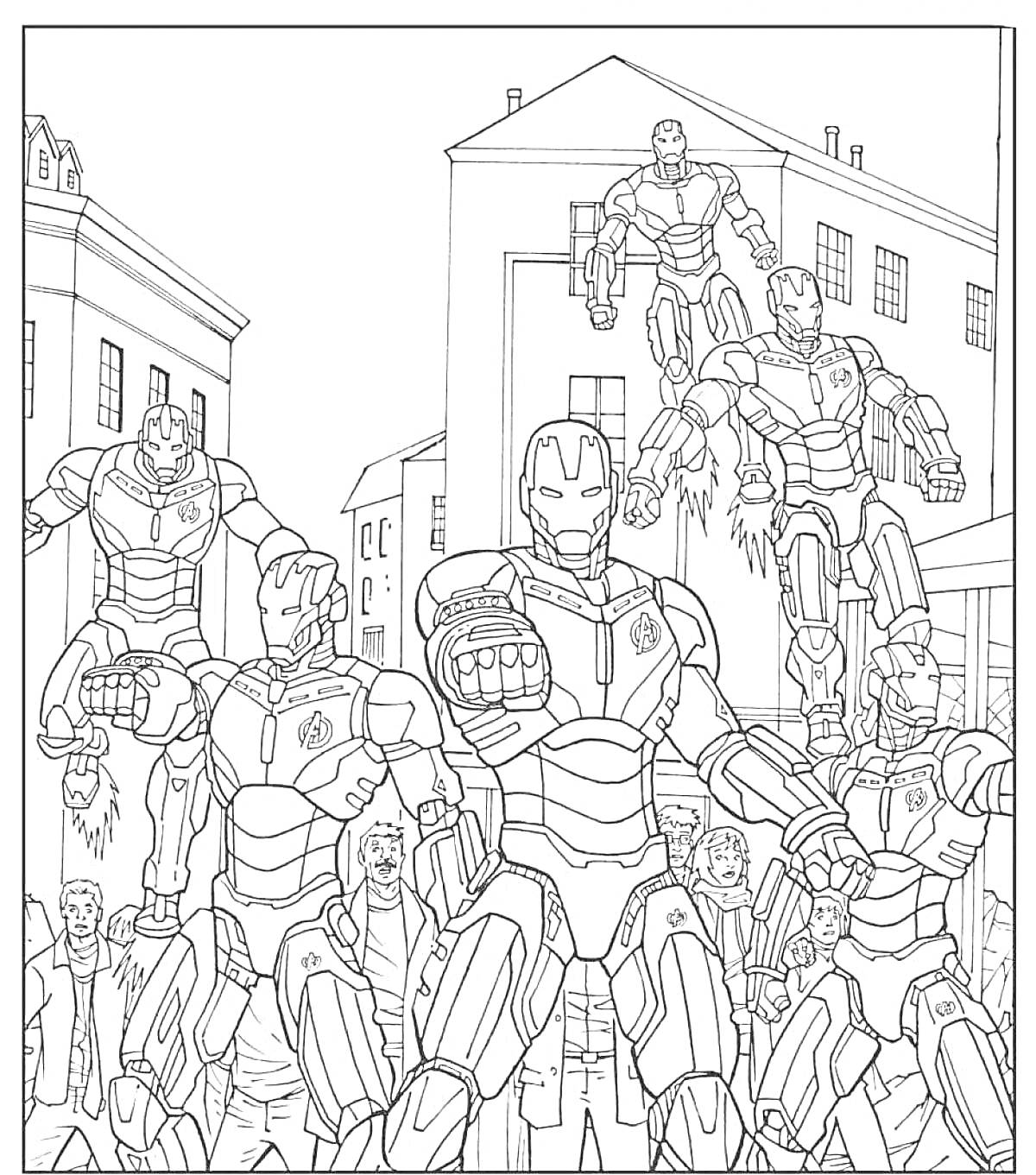 На раскраске изображено: Железный человек, Супергерои, Мстители, Комиксы, Для детей, Человек, Мальчик, Города