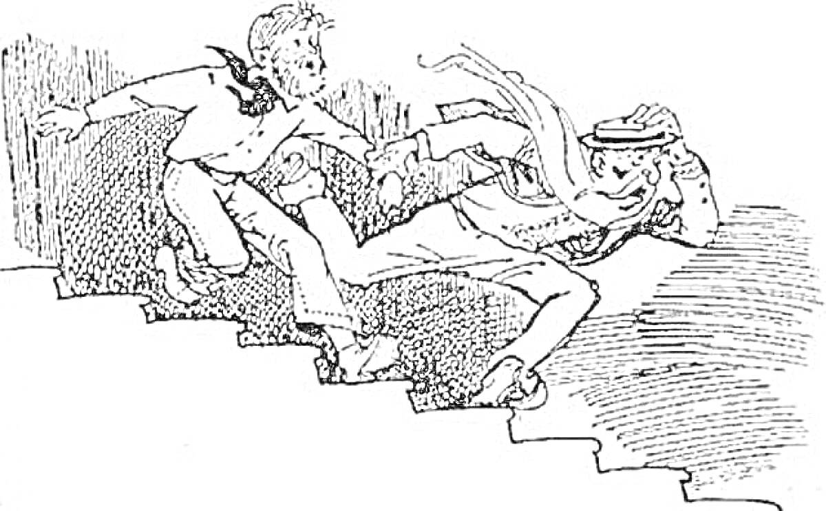 Раскраска Старик Хоттабыч и мальчик бегут вниз по лестнице
