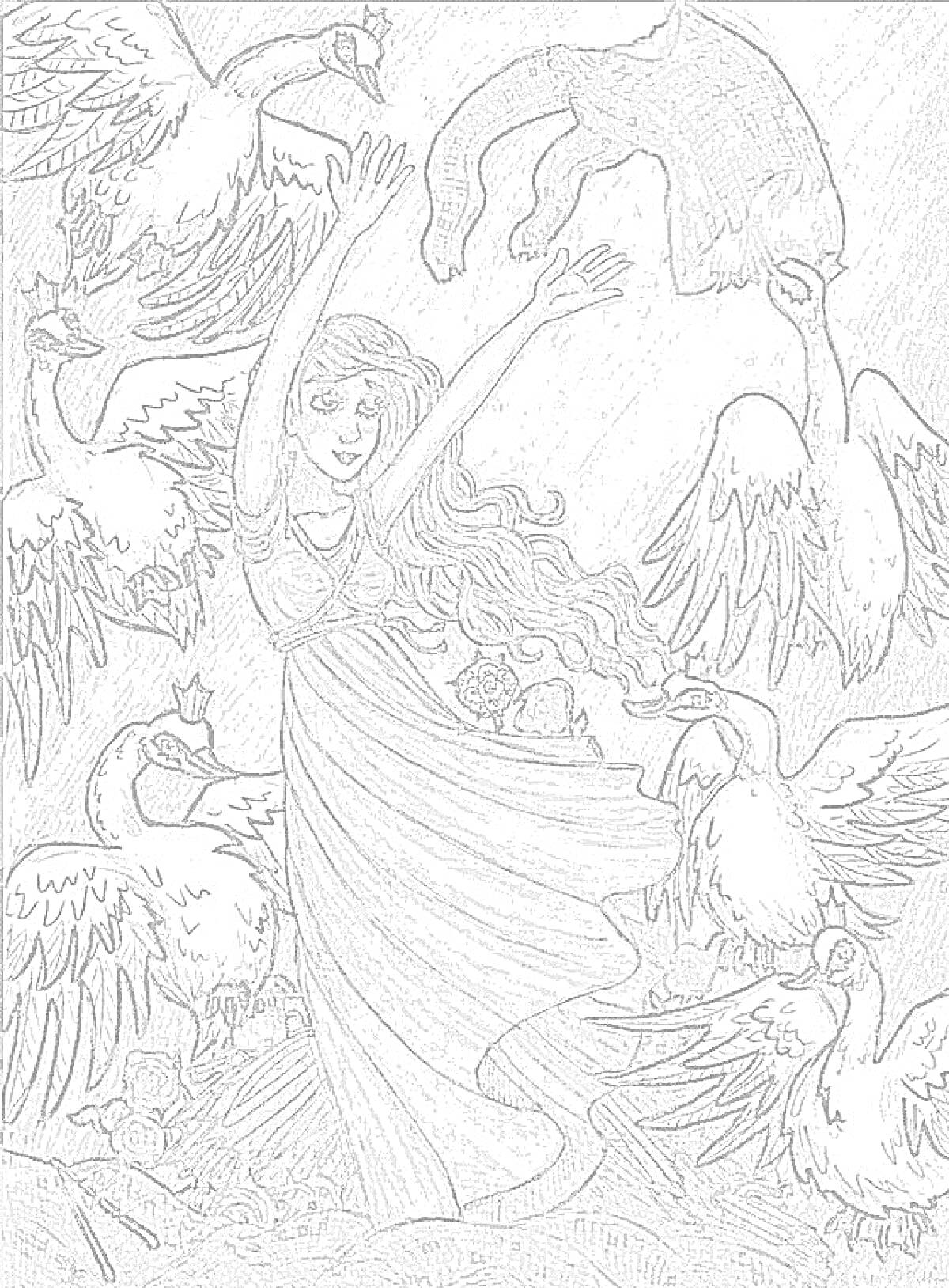 Раскраска Принцесса с длинными волосами среди диких лебедей