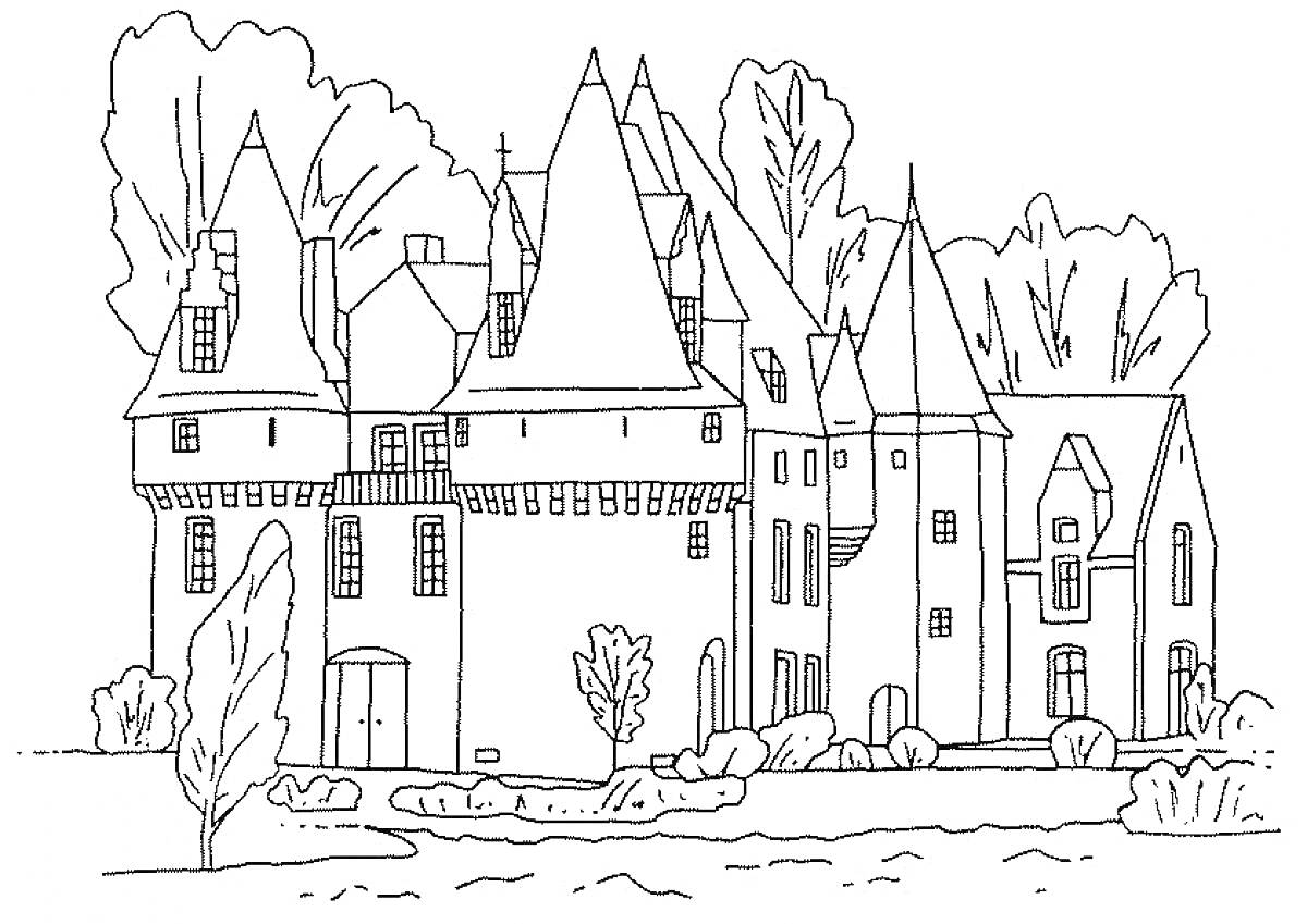 Раскраска Замок в городе с деревьями и кустарниками вокруг
