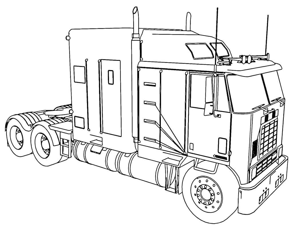 Кабина грузовика с двумя выхлопными трубами, крепление для прицепа, боковая кабина с дверью, колесая база с двумя осями и фонарями на крыше