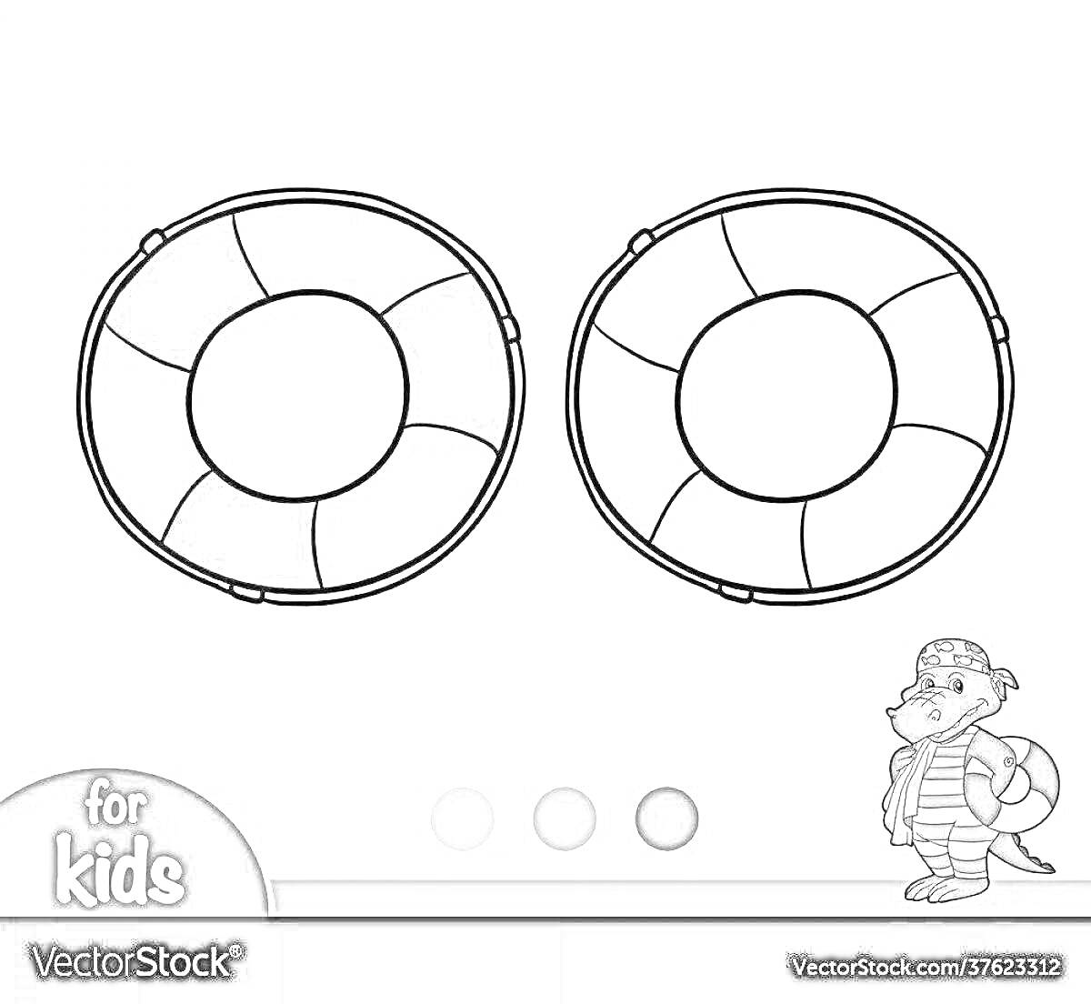 Раскраска Раскраска: два спасательных круга с полосатыми сегментами, палитра серых оттенков, антропоморфный крокодил в пиратской одежде