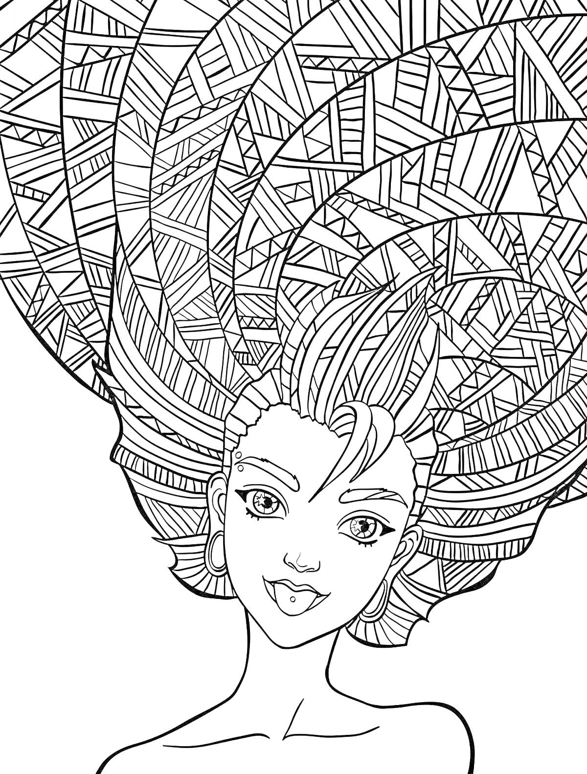 Раскраска Девушка с большим узорчатым головным убором и серьгой