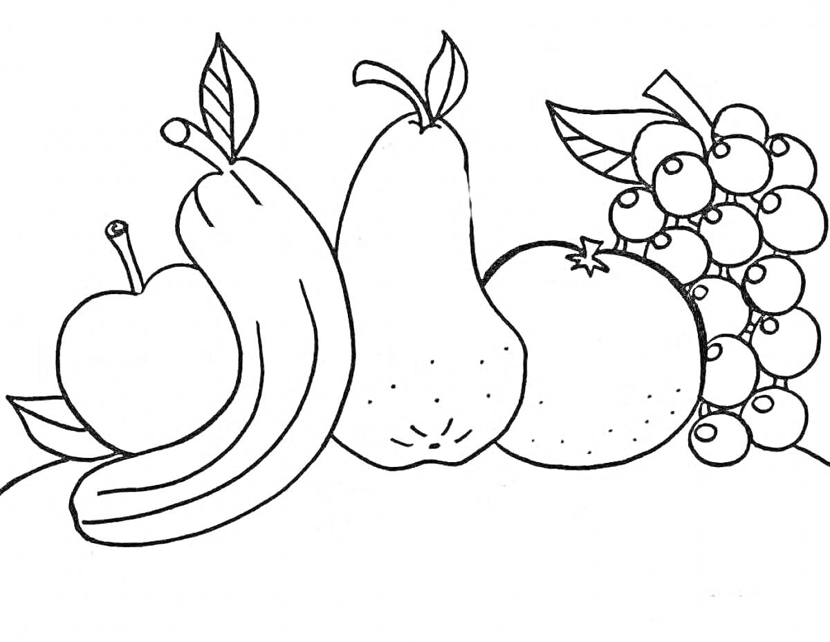 На раскраске изображено: Фрукты, Овощи, Ягоды, Для детей, Яблоко, Банан, Апельсин, Виноград, 5 лет, 6 лет, Груши