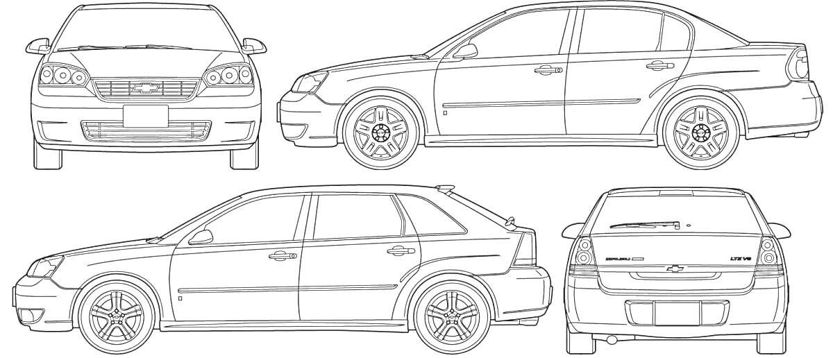 Четыре проекции автомобиля Шевроле Круз - вид спереди, вид сзади, вид справа, вид слева