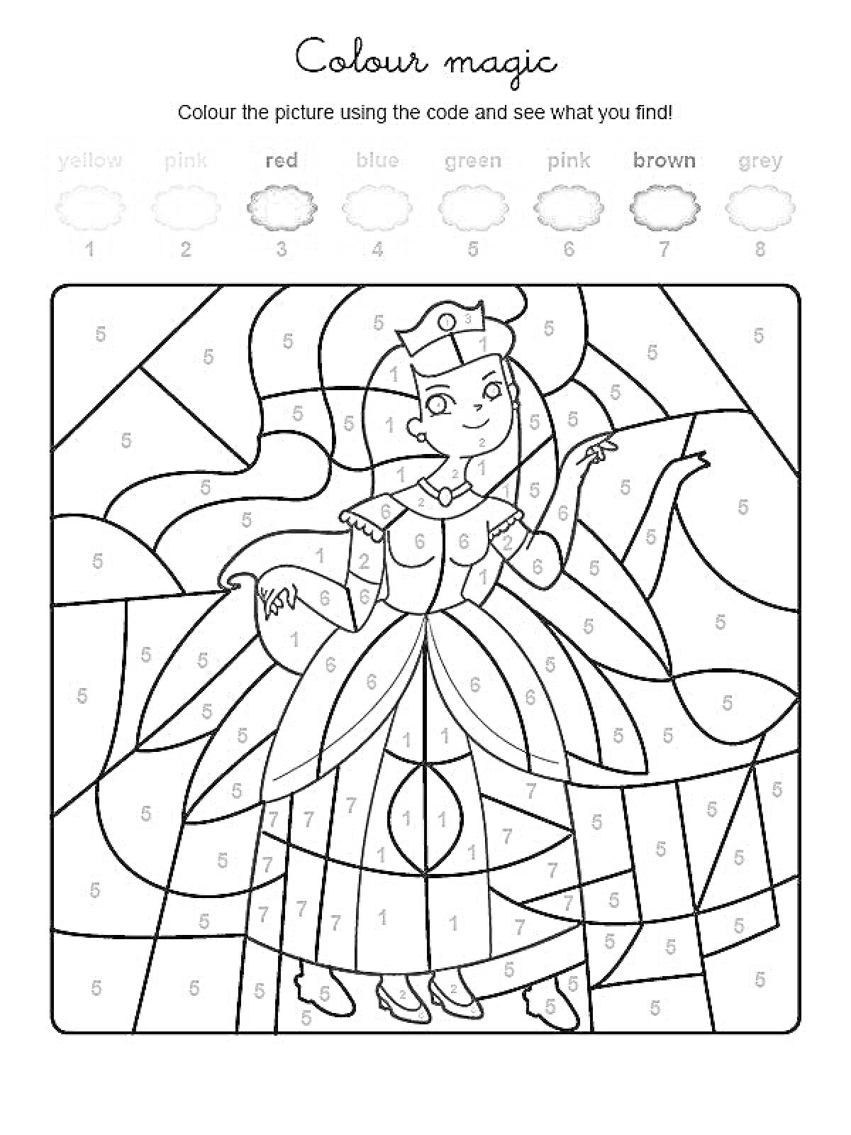Раскраска Принцесса в платье и короне с кодировкой по номерам