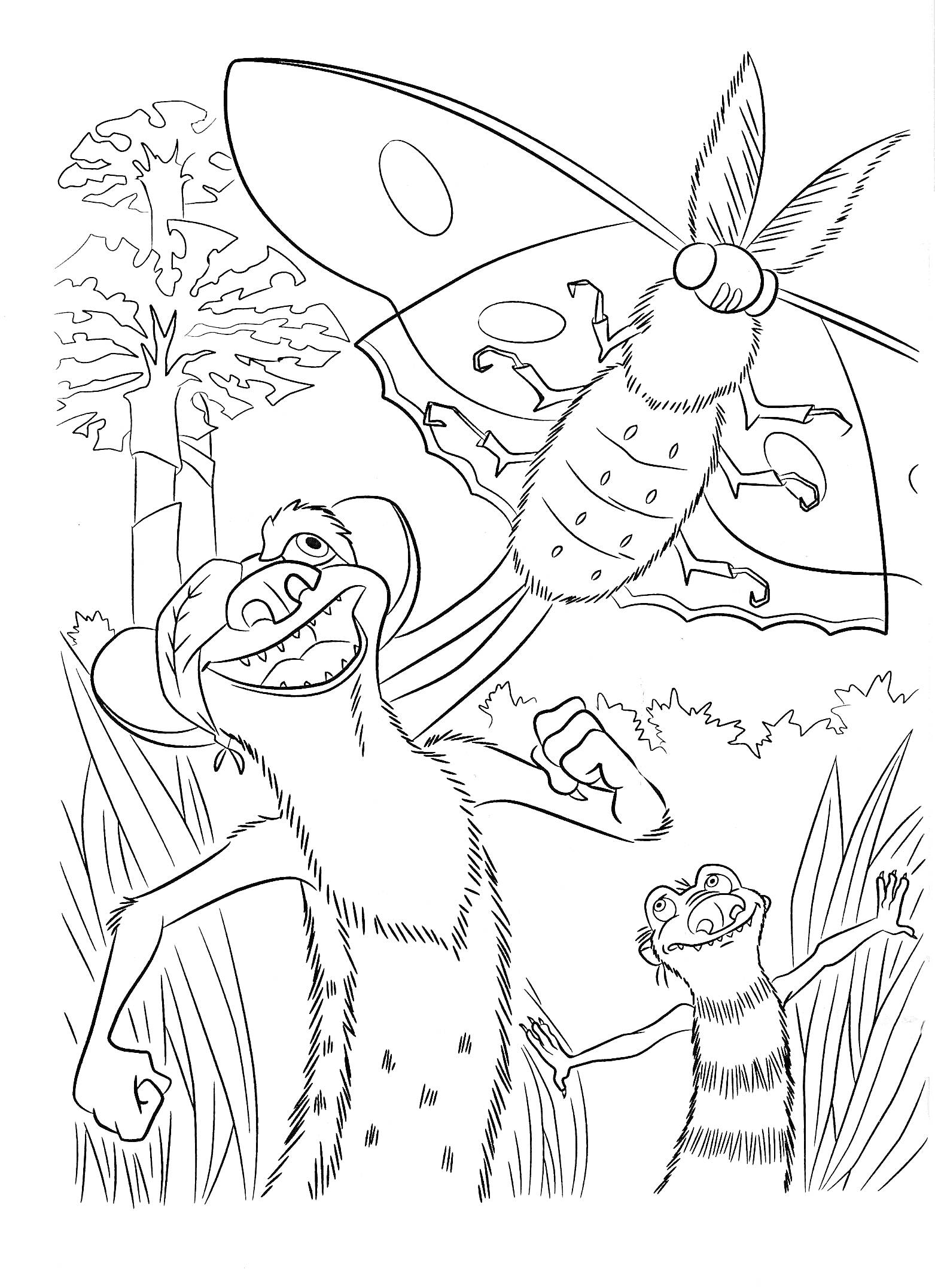 Раскраска Два веселых зверька среди высокой травы и огромная летающая букашка на фоне дерева