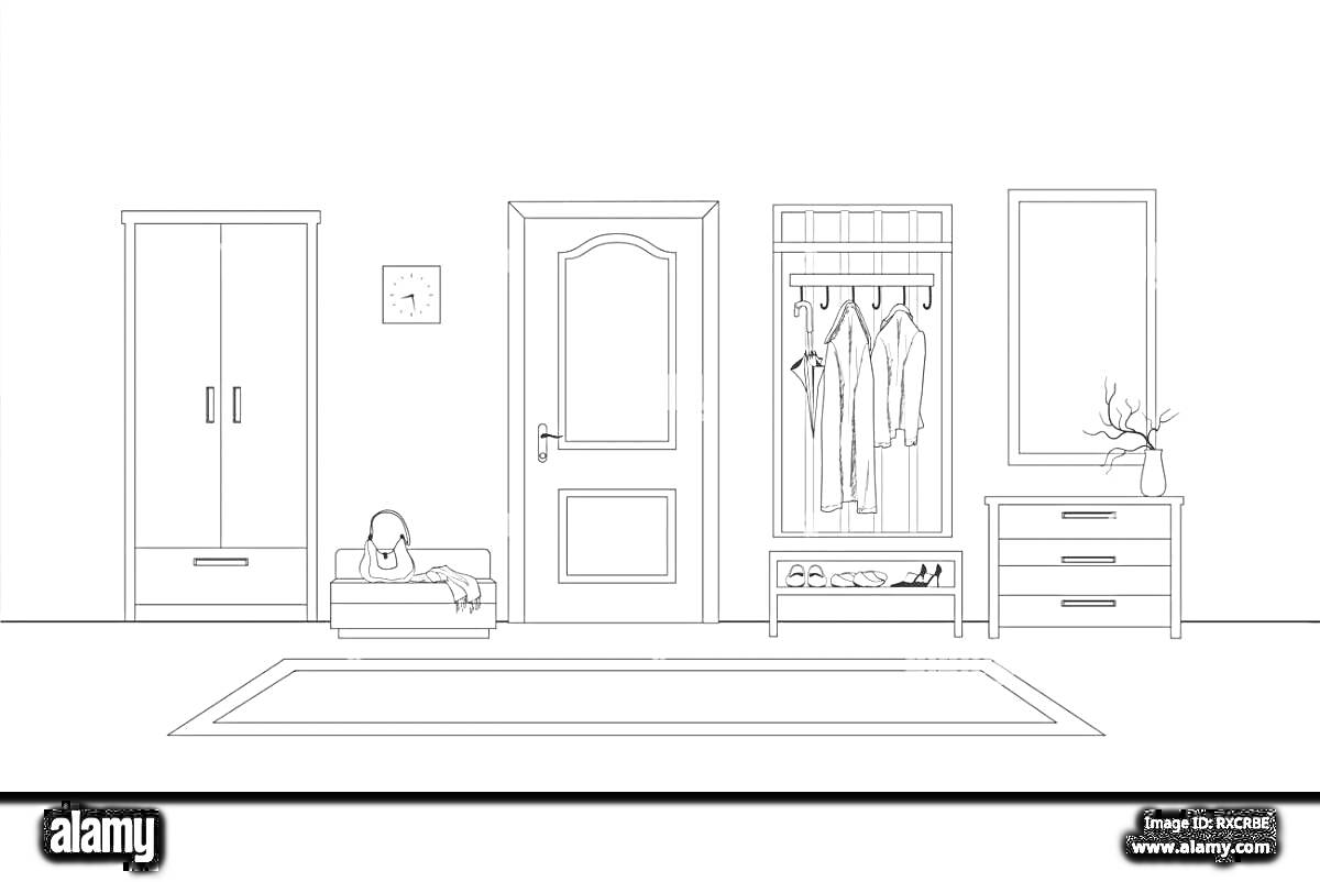 На раскраске изображено: Прихожая, Зеркало, Дверь, Шкаф, Комод, Одежда, Вешалка, Растения