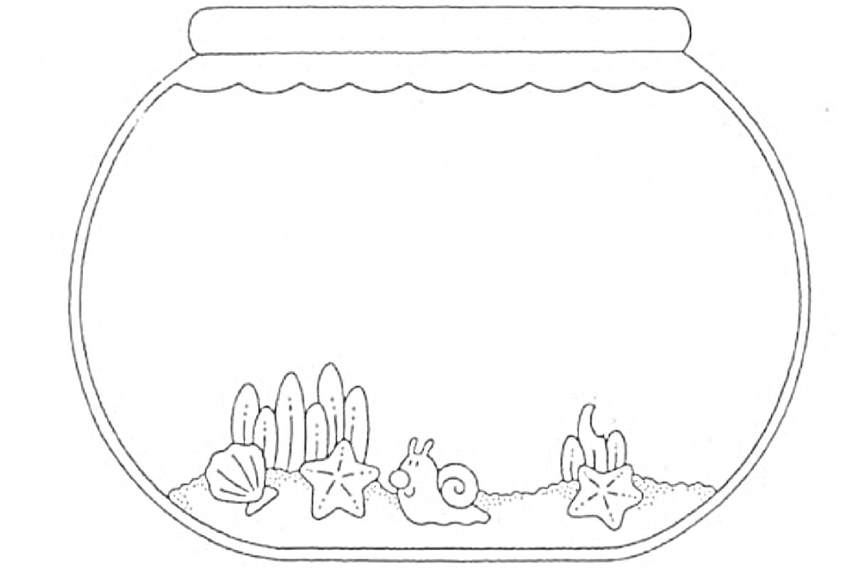 На раскраске изображено: Аквариум, Морские звезды, Водоросли, Улитка, Вода