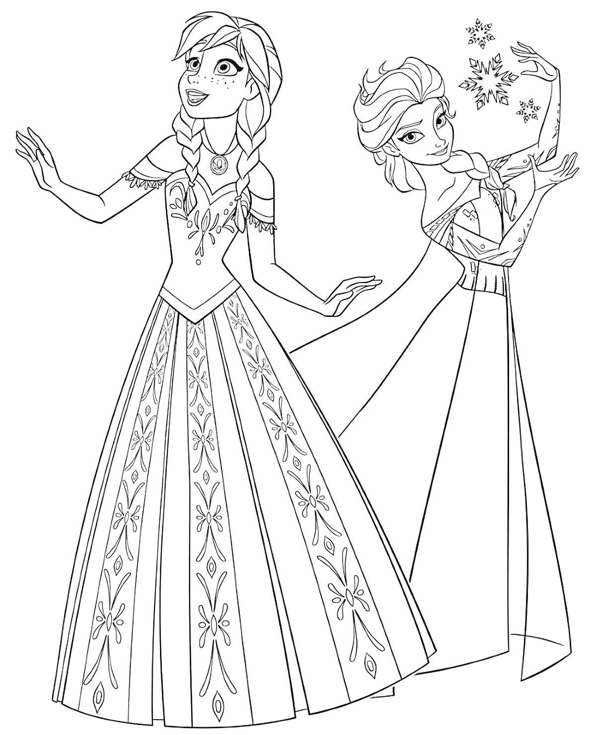 Раскраска Эльза и Анна в длинных платьях, Эльза создает снежинки