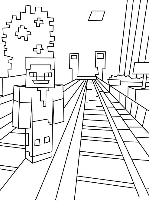 На раскраске изображено: Майнкрафт, Персонаж, Железнодорожные пути, Видеоигра, Блоки, Деревья