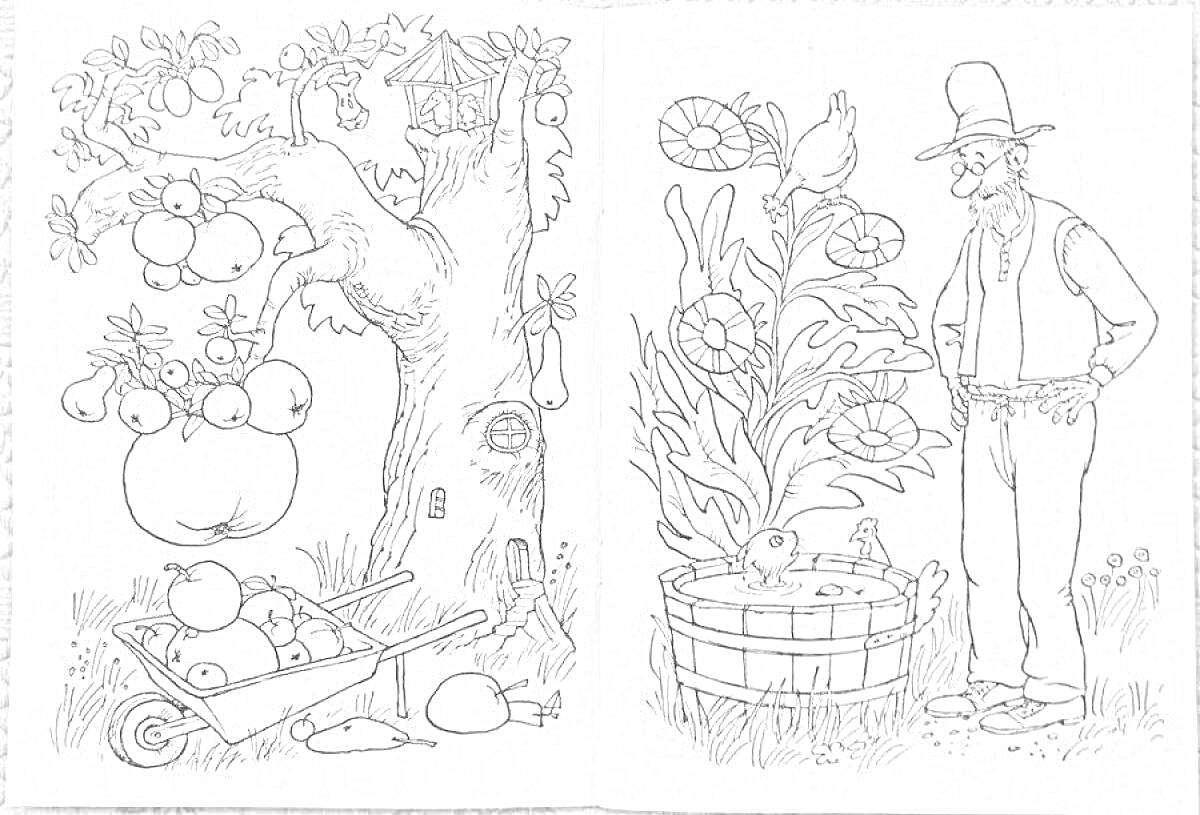 Раскраска Петсон и Финдус в саду с тележкой, деревом, птицей и большим растением в бочке