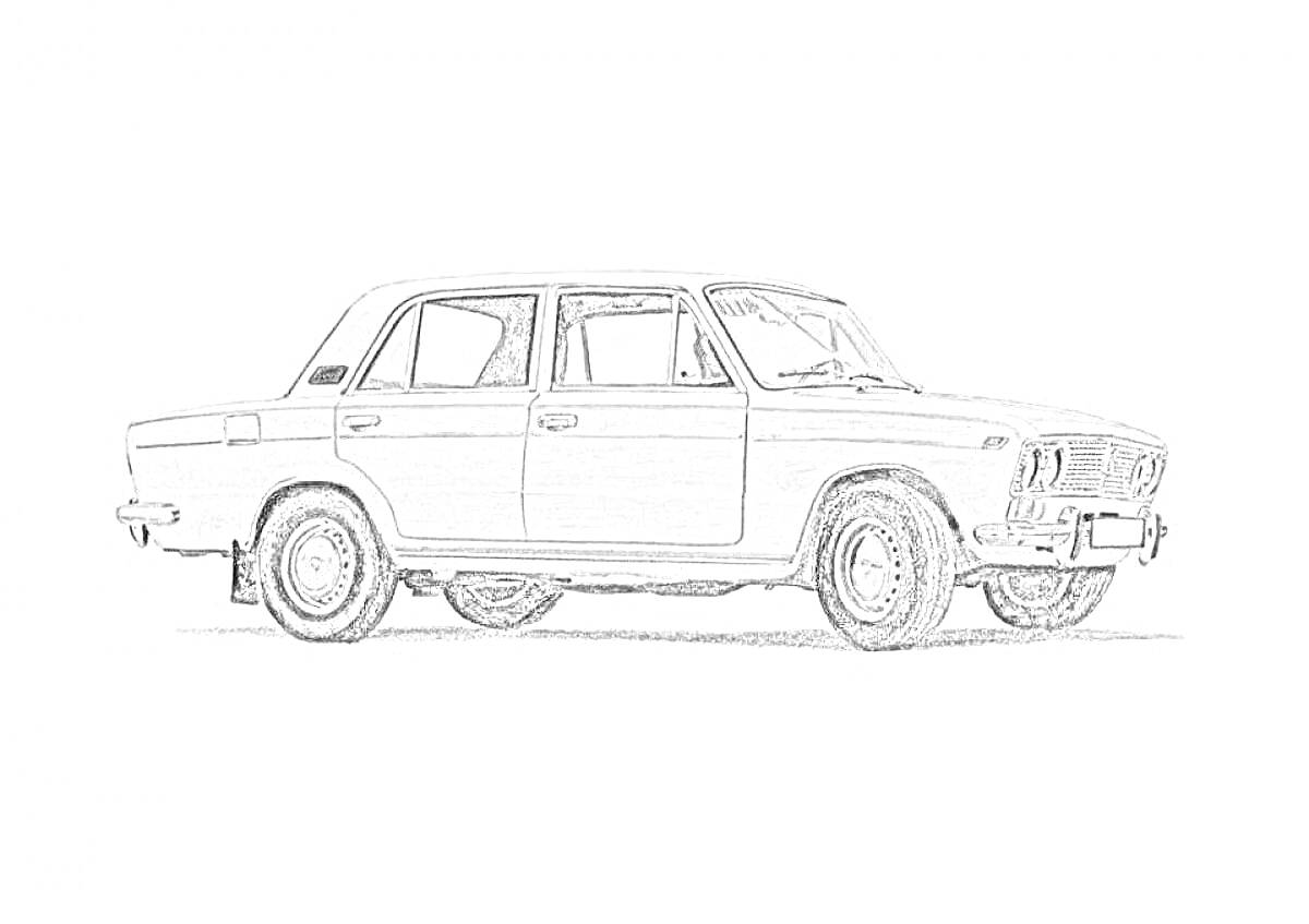 Раскраска Чёрно-белая раскраска автомобиля ВАЗ 2101 с боковой стороны, видны двери, окна, колёса, фары и задний бампер.