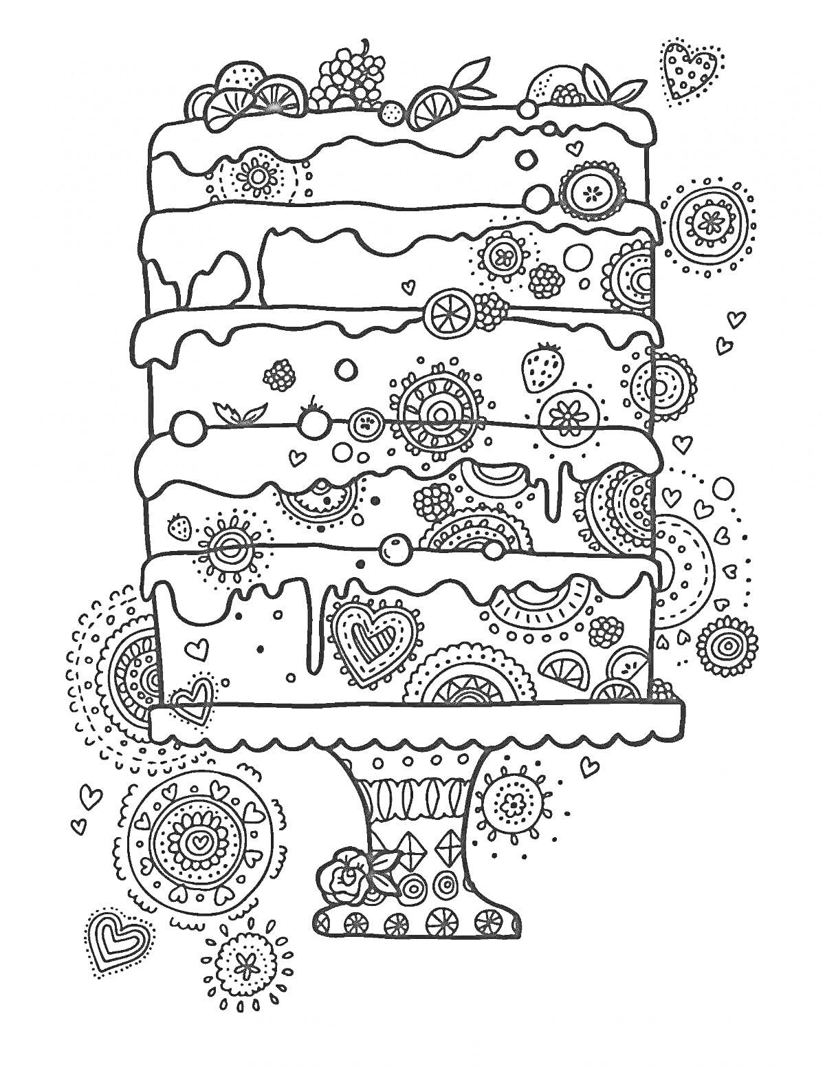 Раскраска Многоярусный торт с узорами в виде сердечек, фруктов и цветочных орнаментов