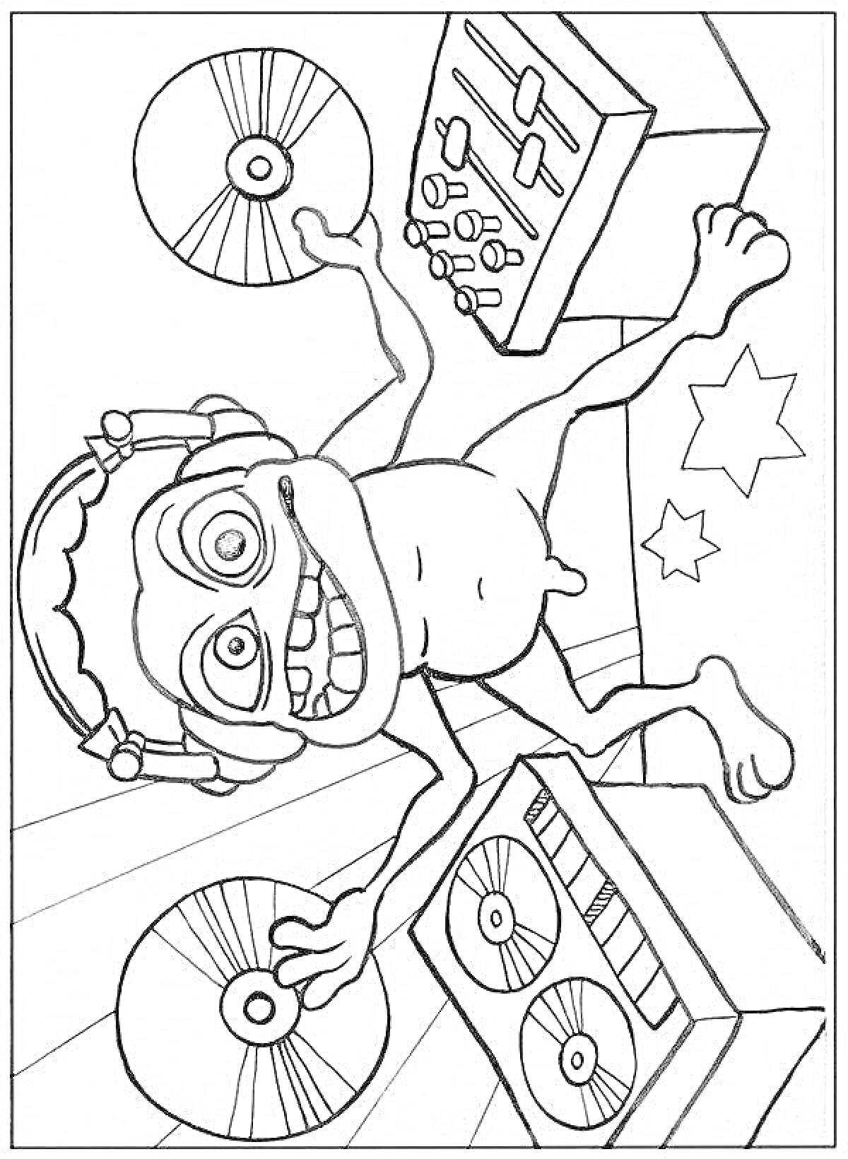 На раскраске изображено: Диски, Музыкальное оборудование, Звезды, Диджей, Наушники