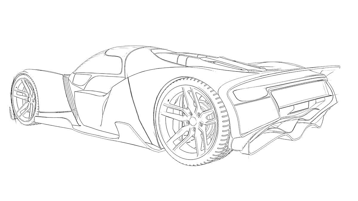 На раскраске изображено: Спортивный автомобиль, Крупные шины, Агрессивный дизайн