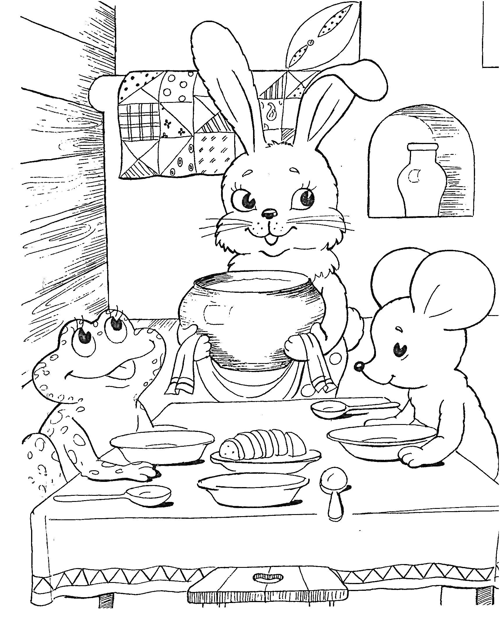 Раскраска Звери-друзья в теремке: зайчик с горшком, лягушка, мышка за столом накрытым салфеткой, с хлебом и тремя тарелками и ложками