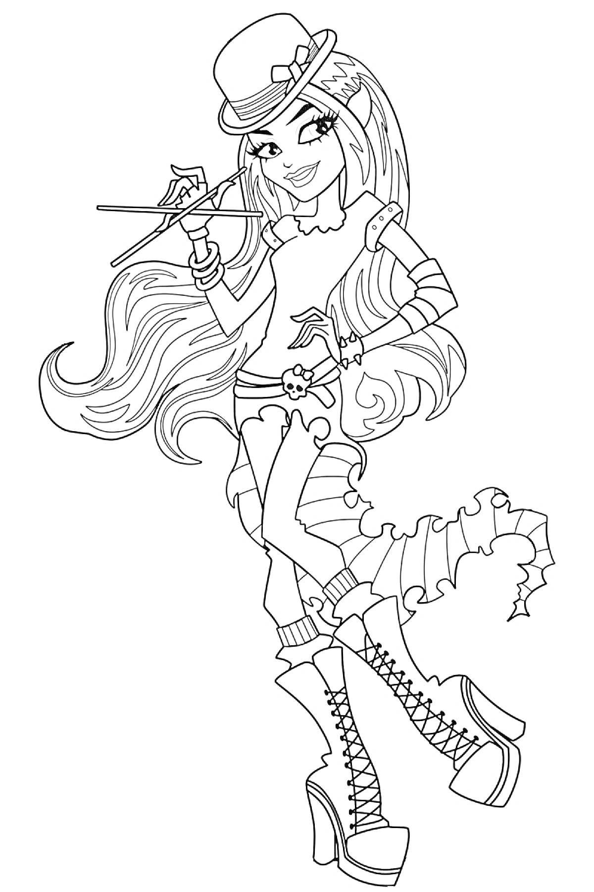 Раскраска Девушка из Монстр Хай в шляпе с длинными волосами, в сапогах на каблуке и с волшебной палочкой в руке