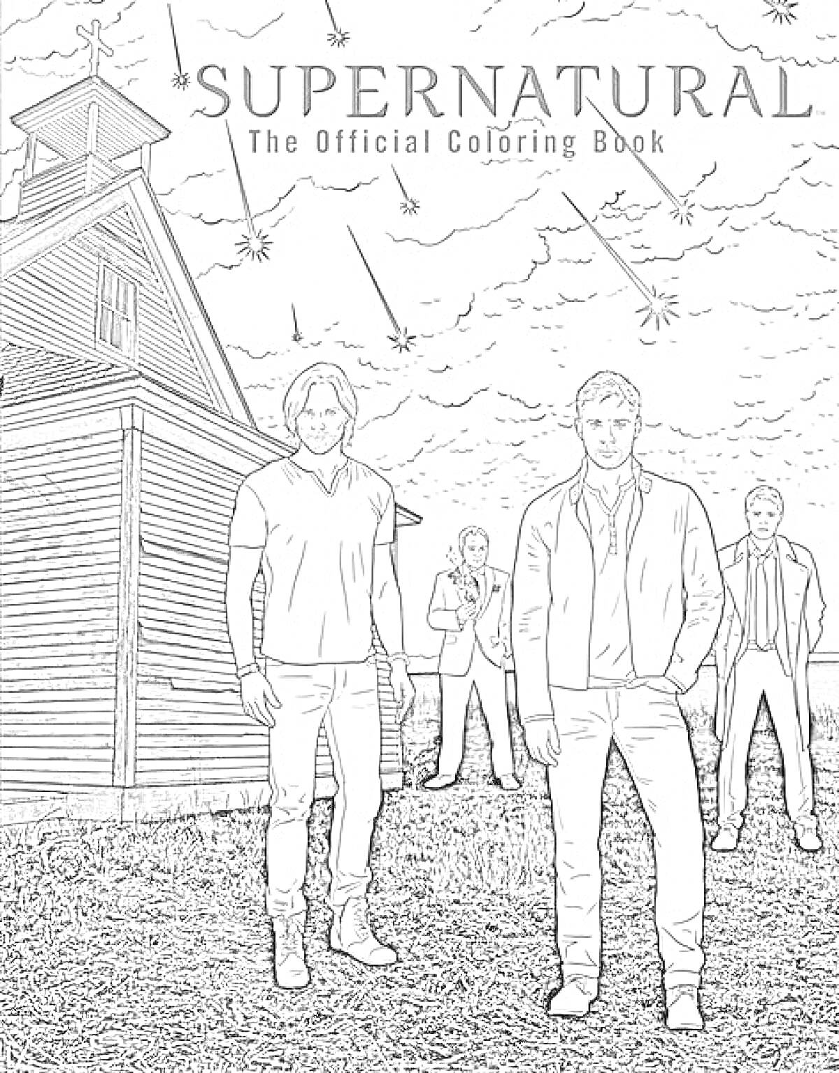 Раскраска Supernatural: The Official Coloring Book - церковь, четыре мужчины, звезды на небе
