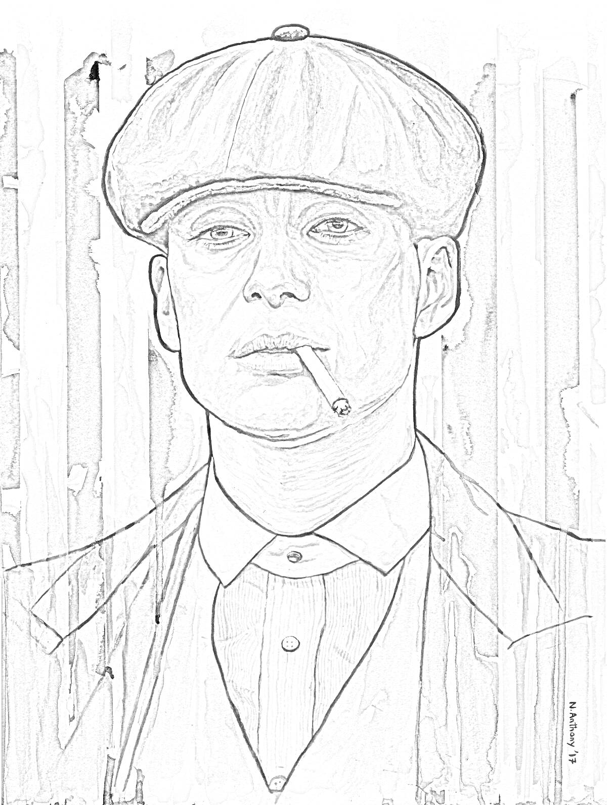 Раскраска Мужчина в кепке с сигаретой во рту на фоне полос