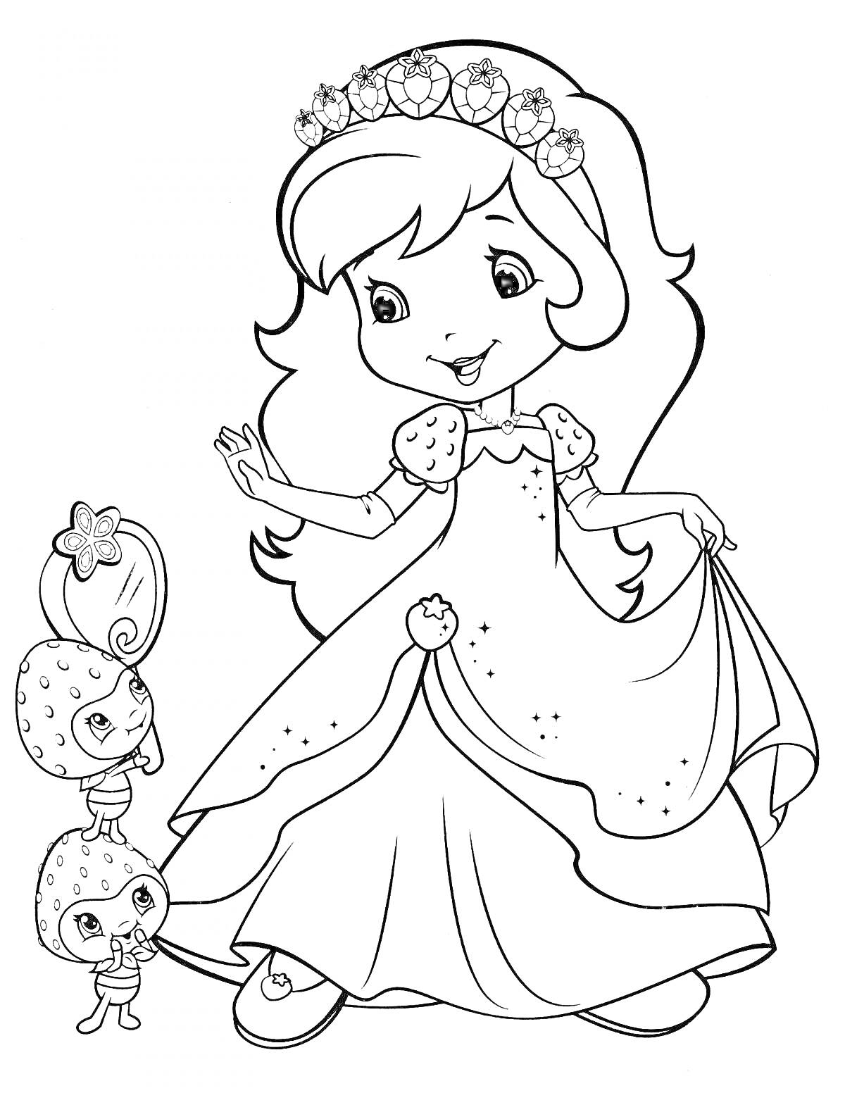 Раскраска Принцесса с цветочной короной и ягодными персонажами держит платье