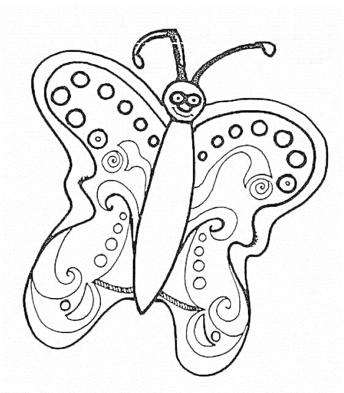 Раскраска Бабочка с узорами на крыльях и улыбающимся лицом