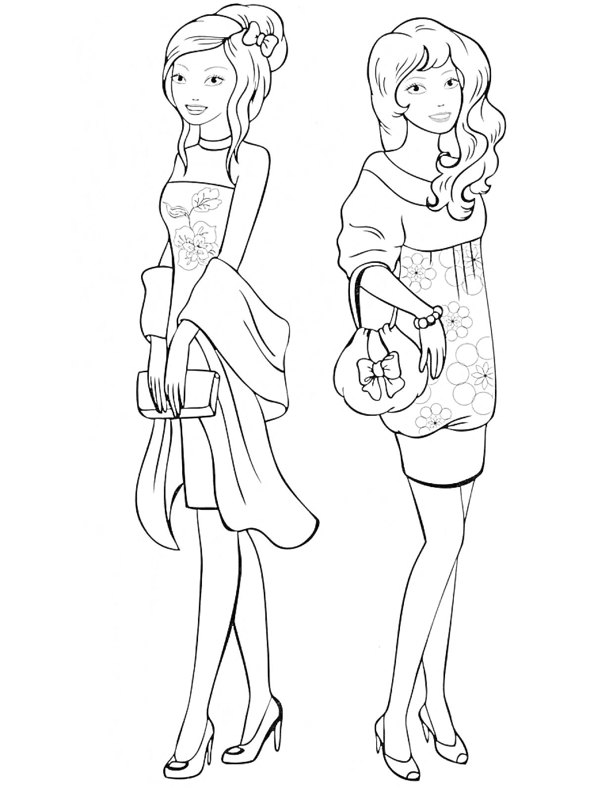 Раскраска Две стильные девушки с длинными волосами, в платьях и туфлях на высоких каблуках, с сумочками