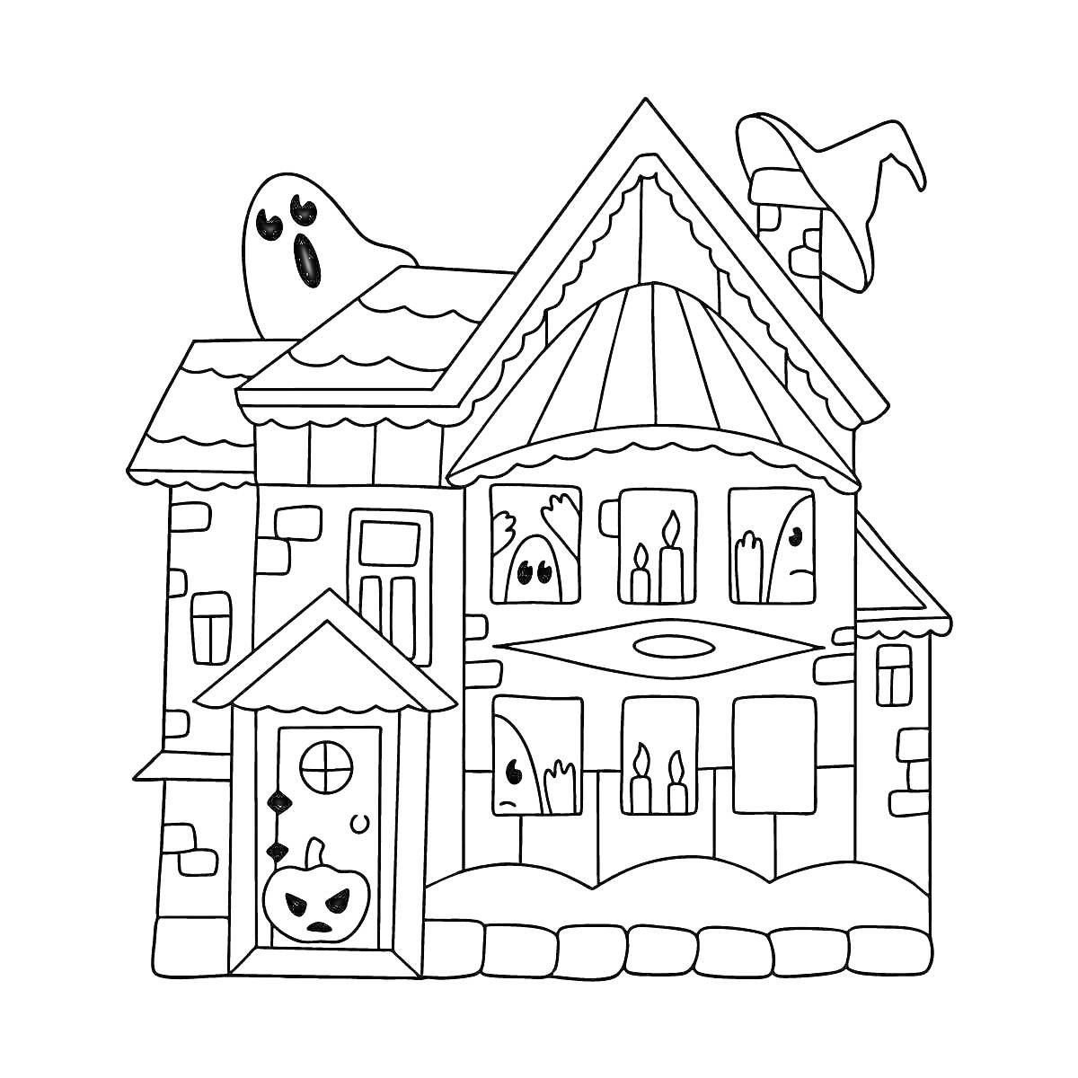 На раскраске изображено: Дом, Привидения, Крыша, Окна, Дверь, Тыква, Башенка, Полумесяц, Хэллоуин