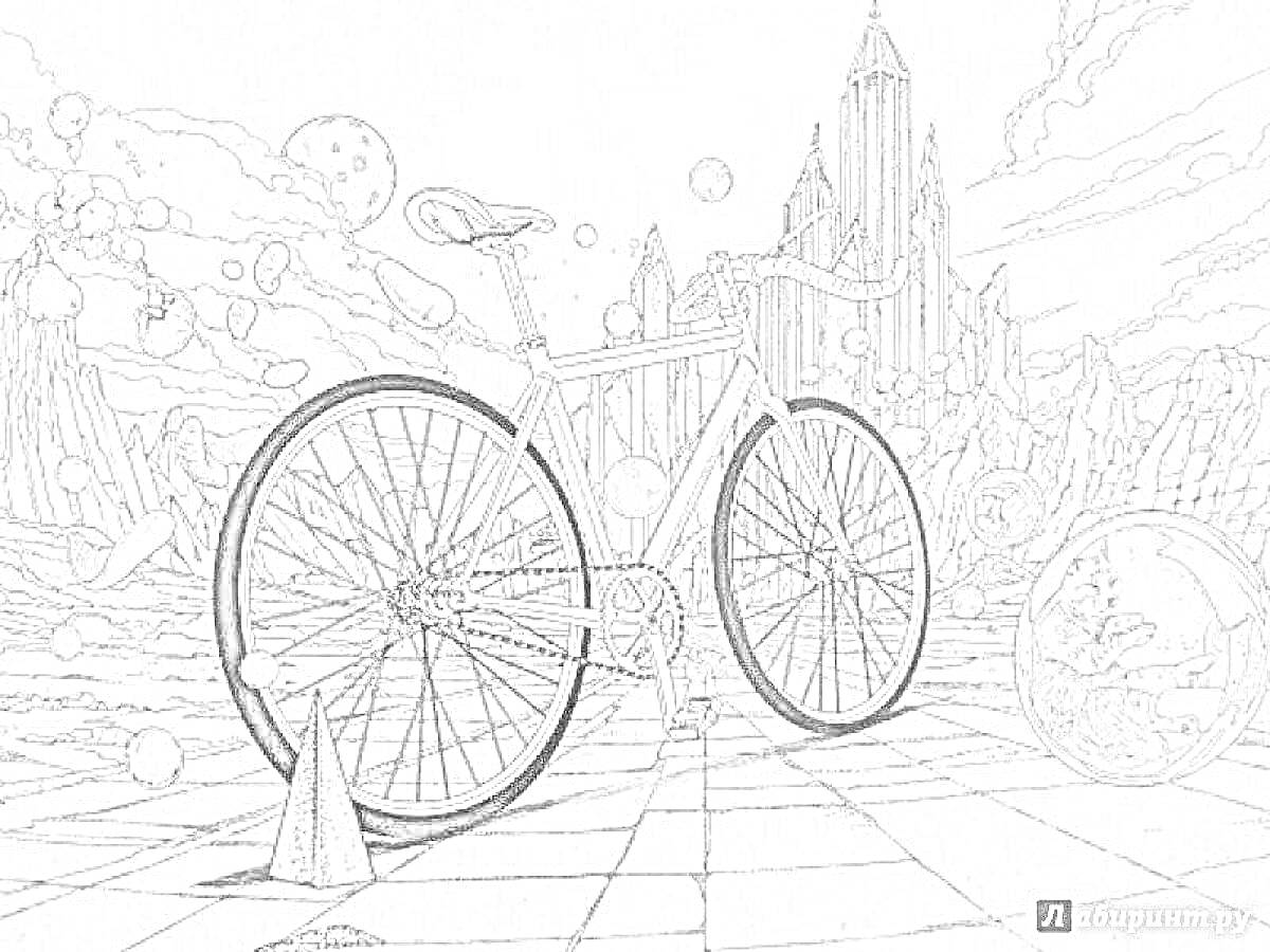 На раскраске изображено: Велосипед, Замок, Деревья, Шары, Статуя, Фантазия, Путешествия
