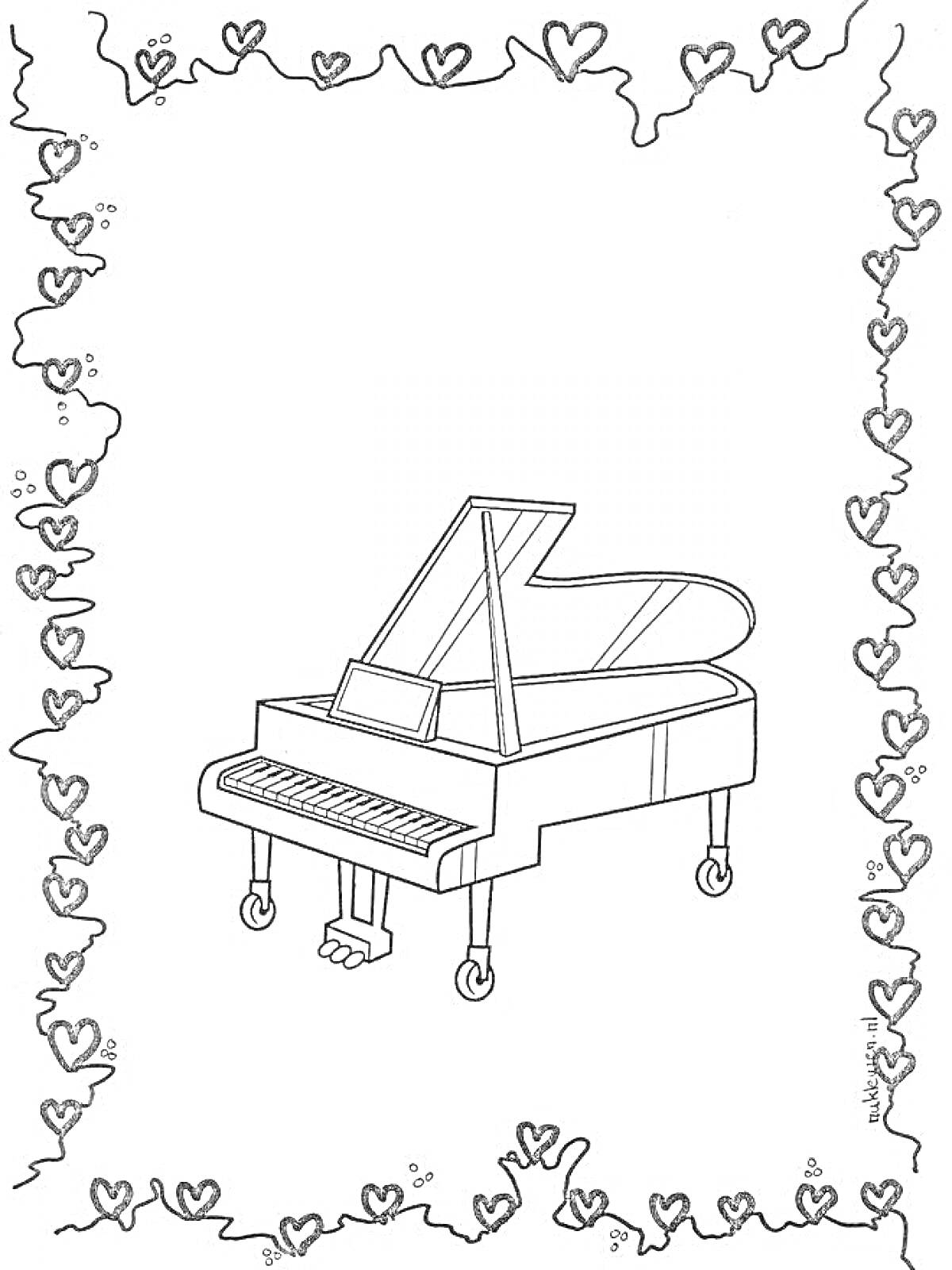 Раскраска концертный рояль в рамке из сердечек